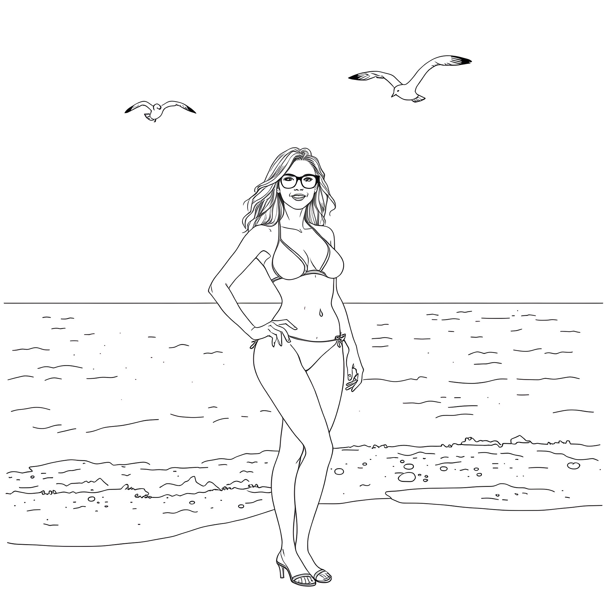 Jennifer Love Hewitt enjoying the beach in a bikini Coloring Page (free black-and-white line drawing printable PDF for all, from beginners to advanced learners, including children, teens, adults, and seniors)