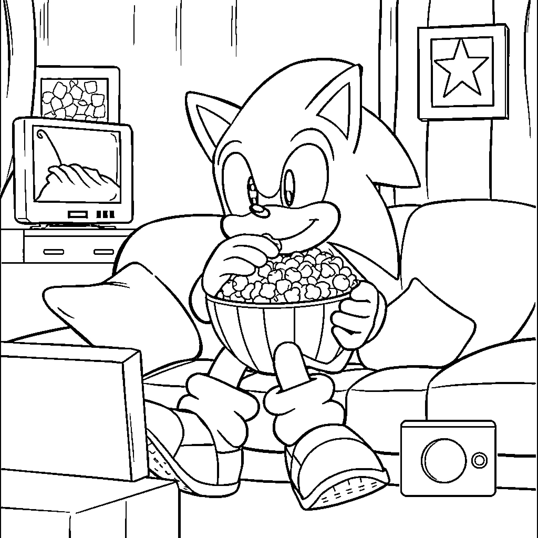 Sonic enjoying a snack in his cozy home Coloring Page (free black-and-white line drawing printable PDF for all, from beginners to advanced learners, including children, teens, adults, and seniors)