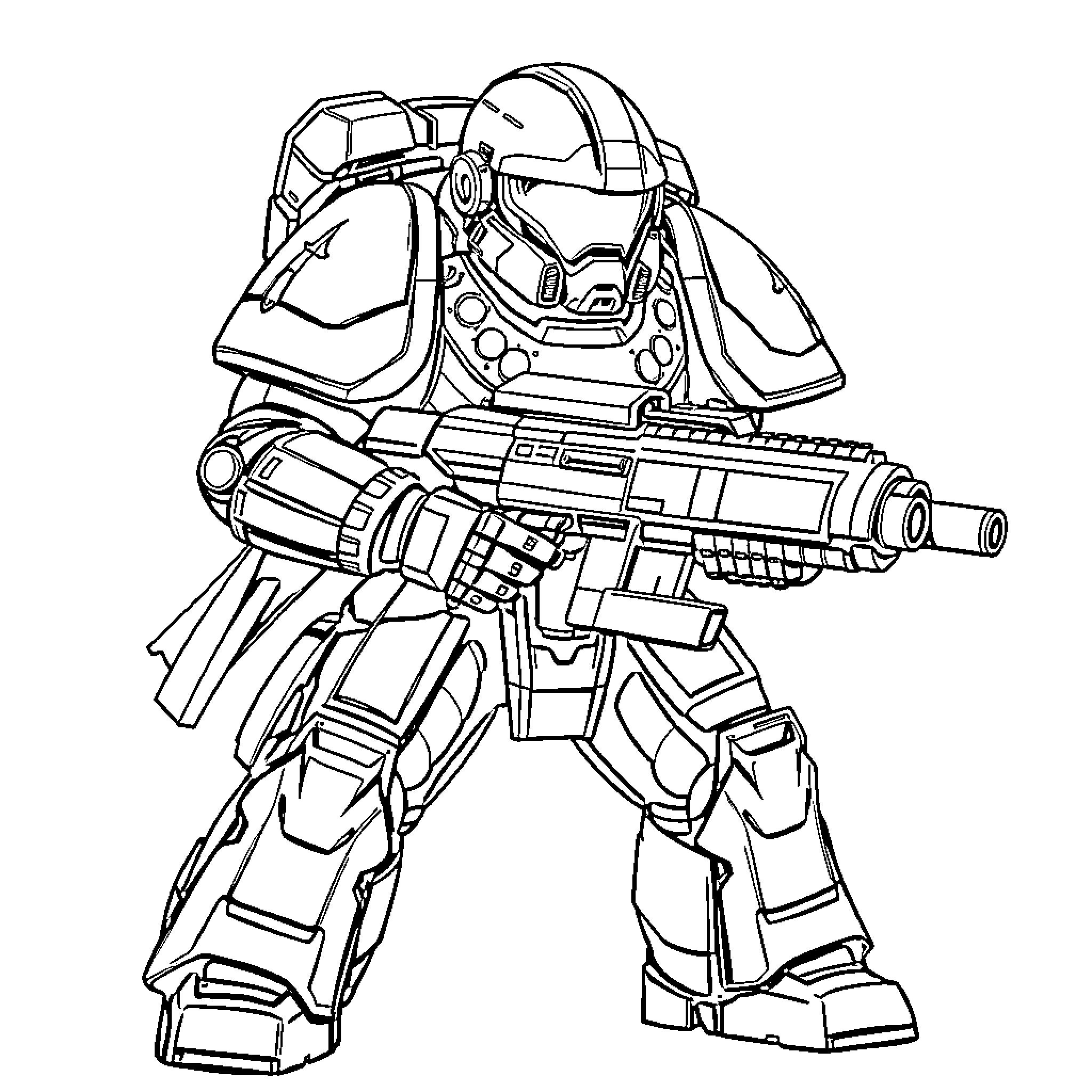 Space Marine in Futuristic Combat Gear Coloring Page (free black-and-white line drawing printable PDF for all, from beginners to advanced learners, including children, teens, adults, and seniors)