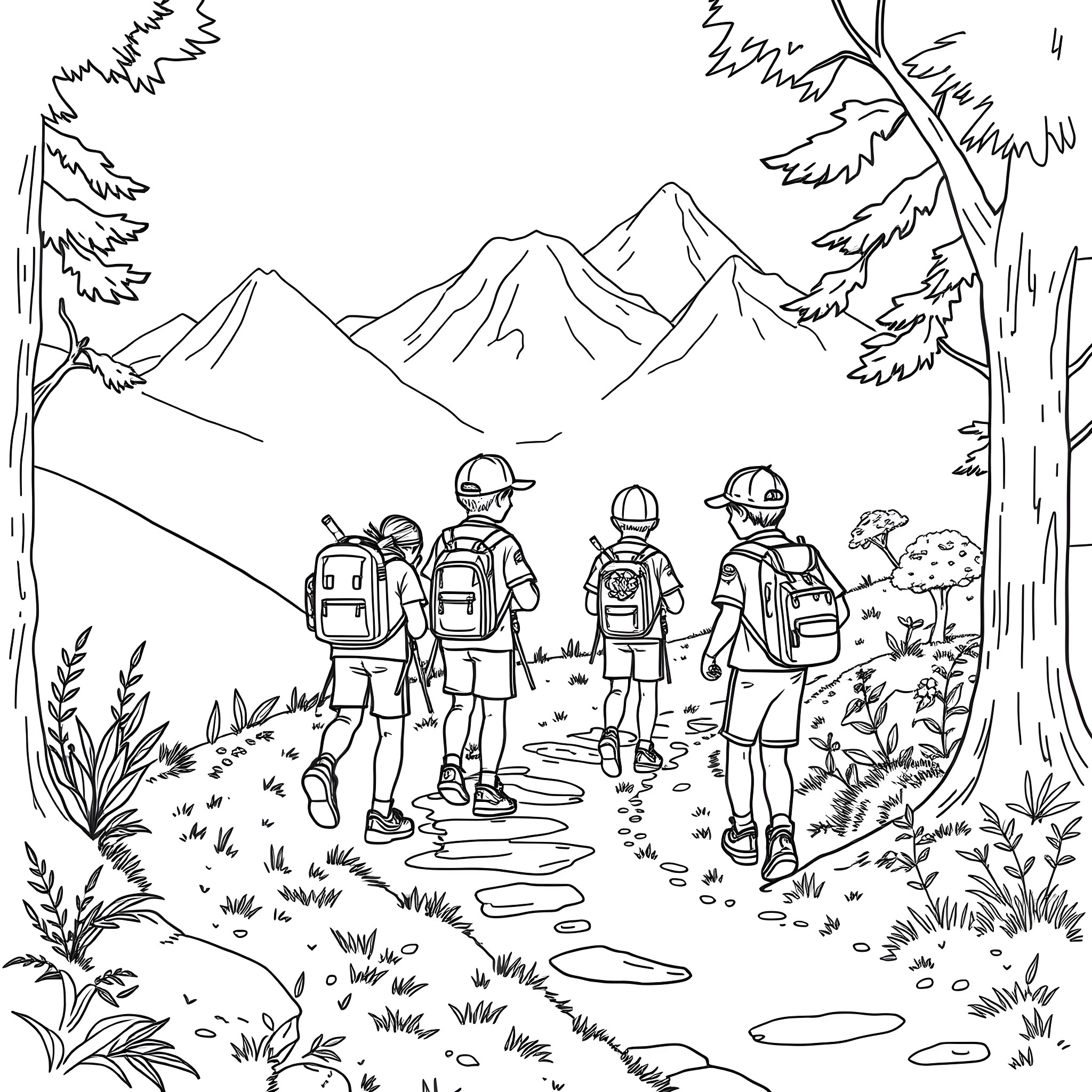 Scout Hiking Adventure in the Mountains Coloring Page (free black-and-white line drawing printable PDF for all, from beginners to advanced learners, including children, teens, adults, and seniors)