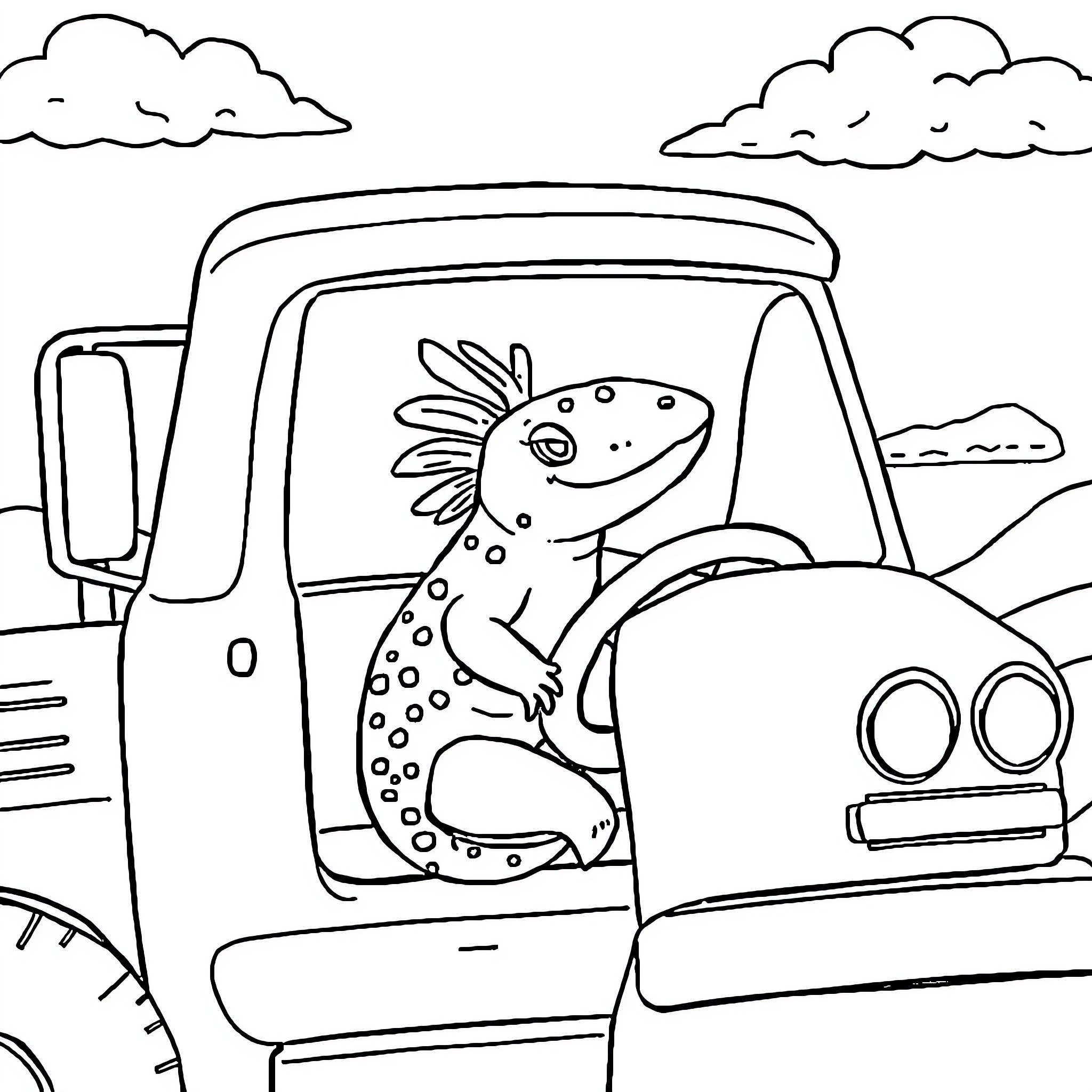 Axolotl driving a vehicle through the countryside Coloring Page (free black-and-white line drawing printable PDF for all, from beginners to advanced learners, including children, teens, adults, and seniors)