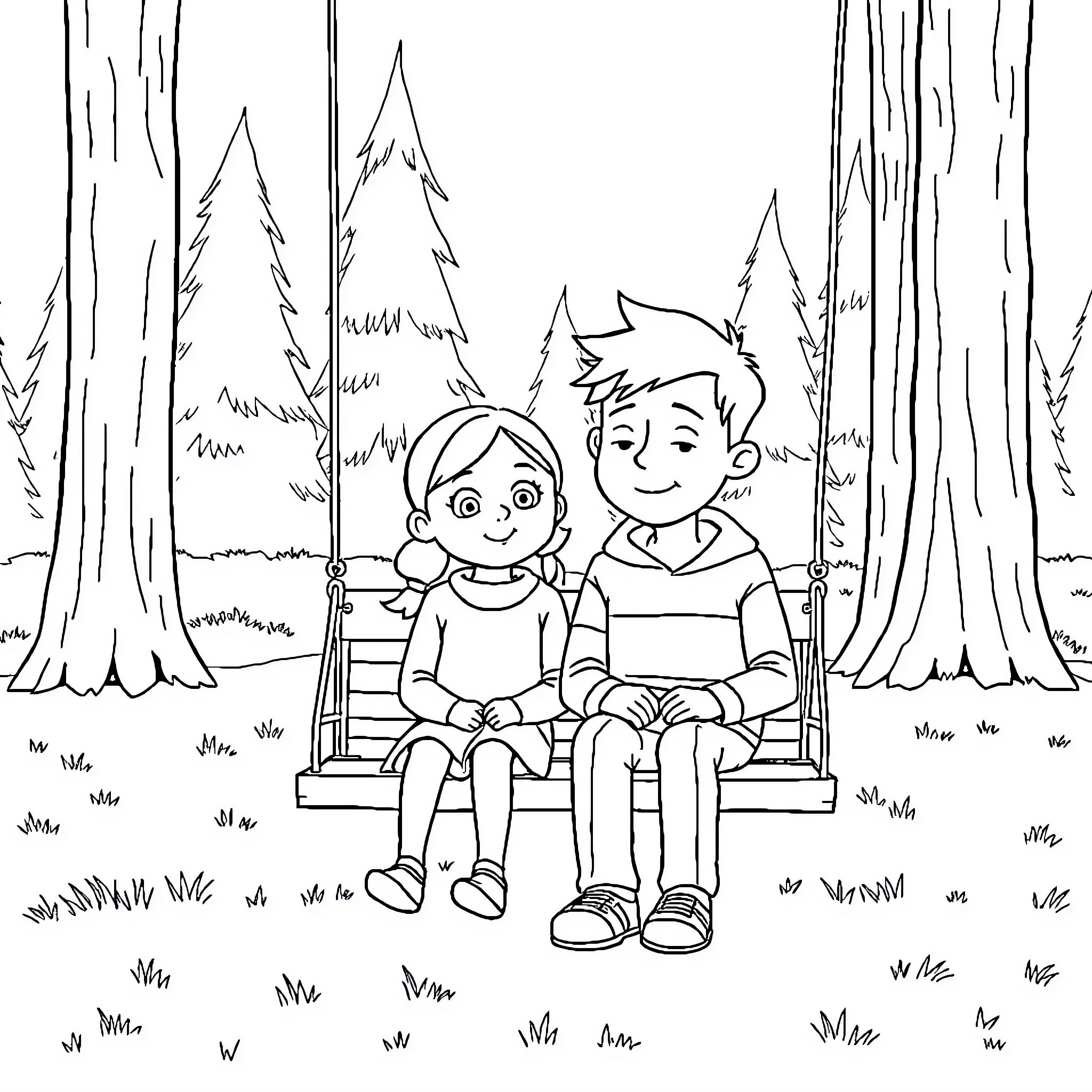 Carl and Ellie enjoying a peaceful moment on a park bench Coloring Page (free black-and-white line drawing printable PDF for all, from beginners to advanced learners, including children, teens, adults, and seniors)
