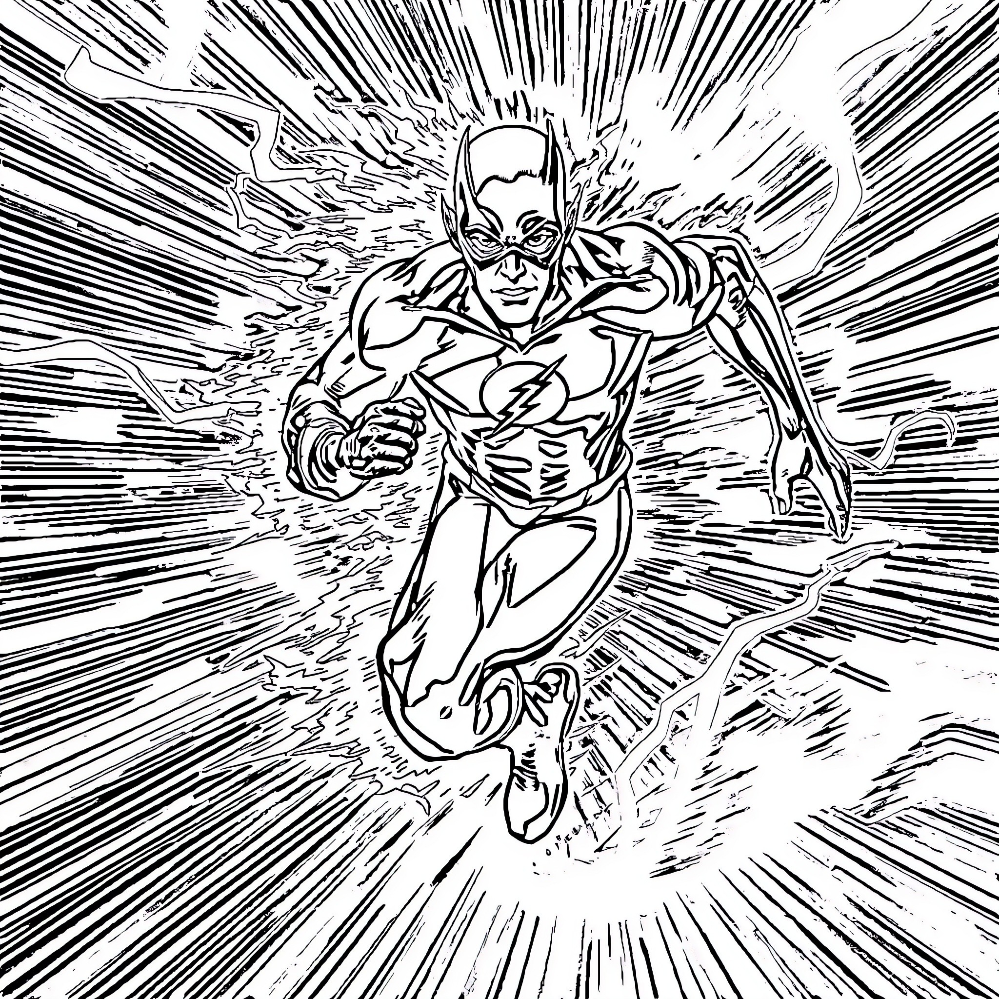 Flash Superhero Charges with Power and Speed Coloring Page (free black-and-white line drawing printable PDF for all, from beginners to advanced learners, including children, teens, adults, and seniors)