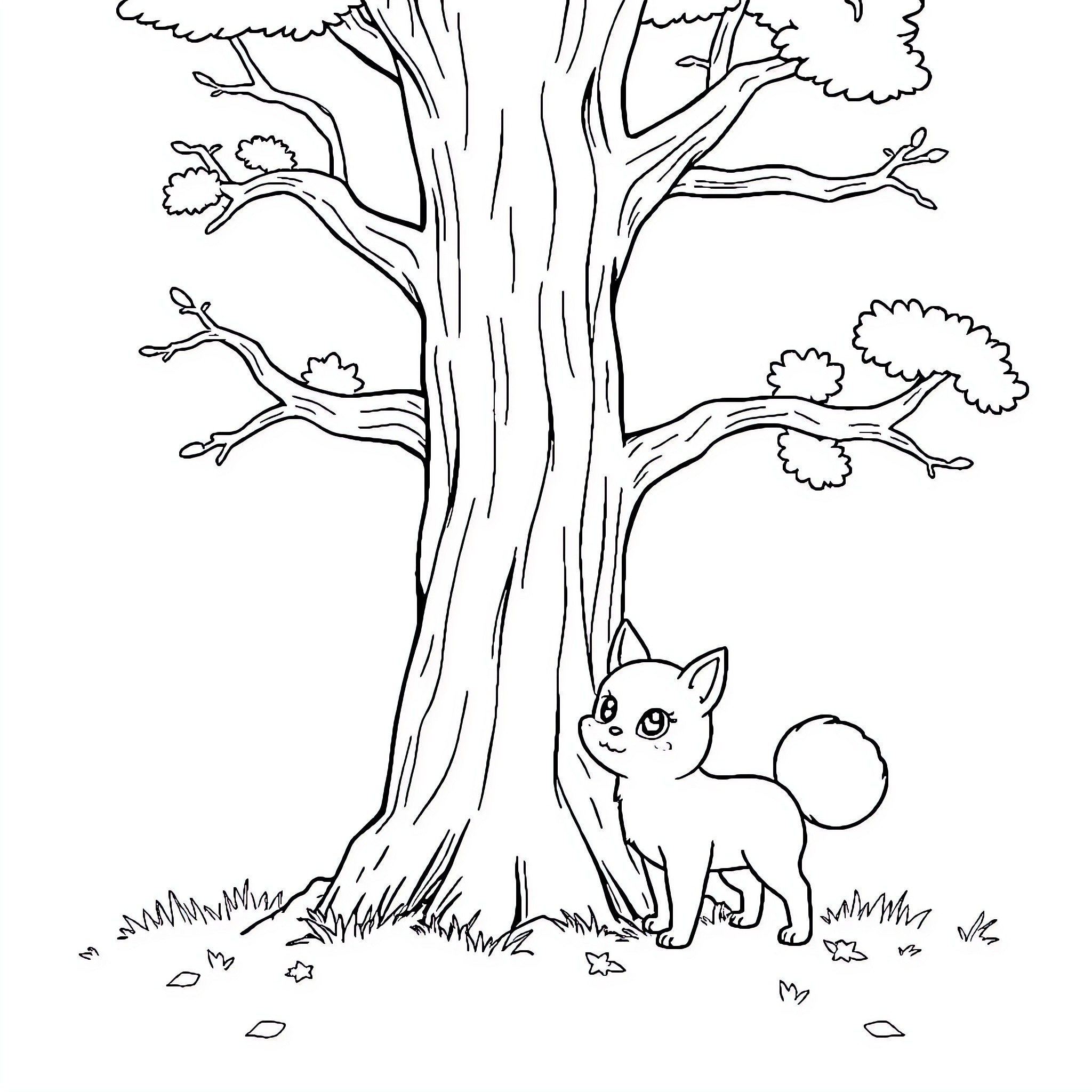 Kuromi exploring the enchanting forest landscape Coloring Page (free black-and-white line drawing printable PDF for all, from beginners to advanced learners, including children, teens, adults, and seniors)