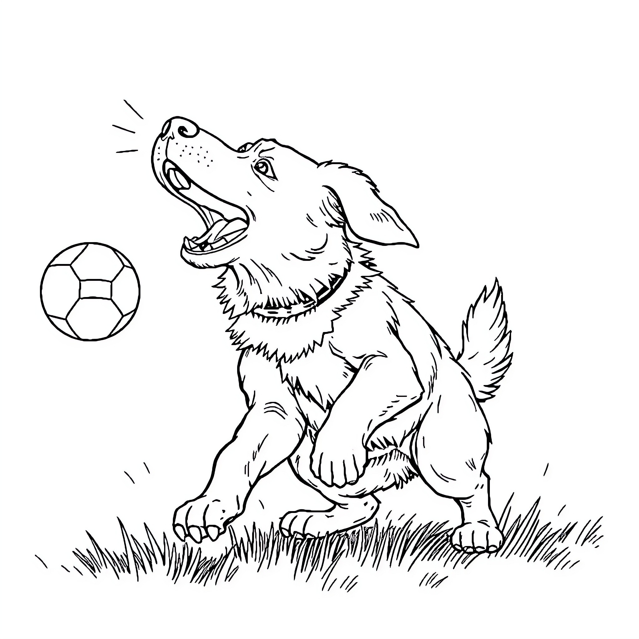 Dog happily playing with soccer ball outdoors Coloring Page (free black-and-white line drawing printable PDF for all, from beginners to advanced learners, including children, teens, adults, and seniors)