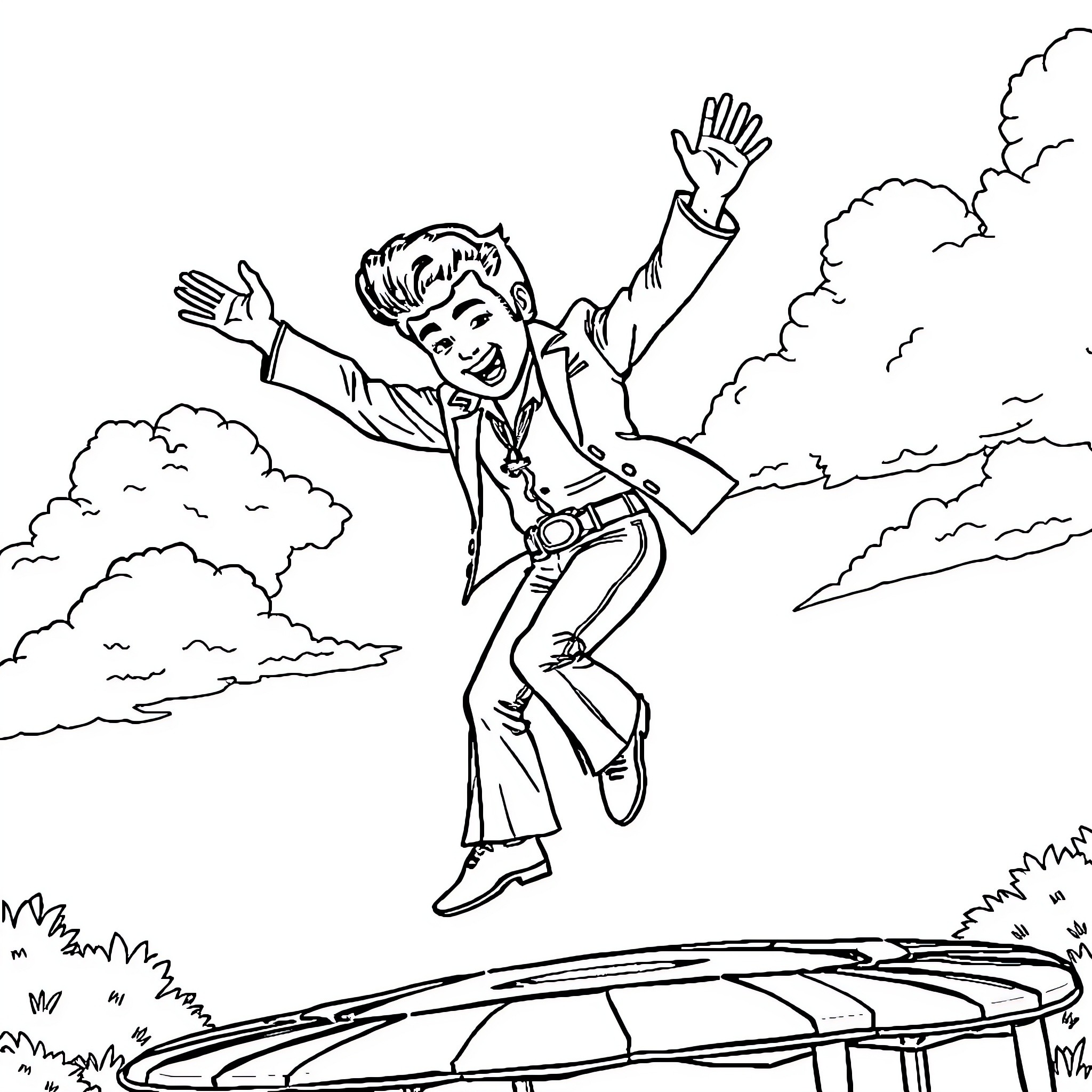 Elvis dancing joyfully in the clouds Coloring Page (free black-and-white line drawing printable PDF for all, from beginners to advanced learners, including children, teens, adults, and seniors)