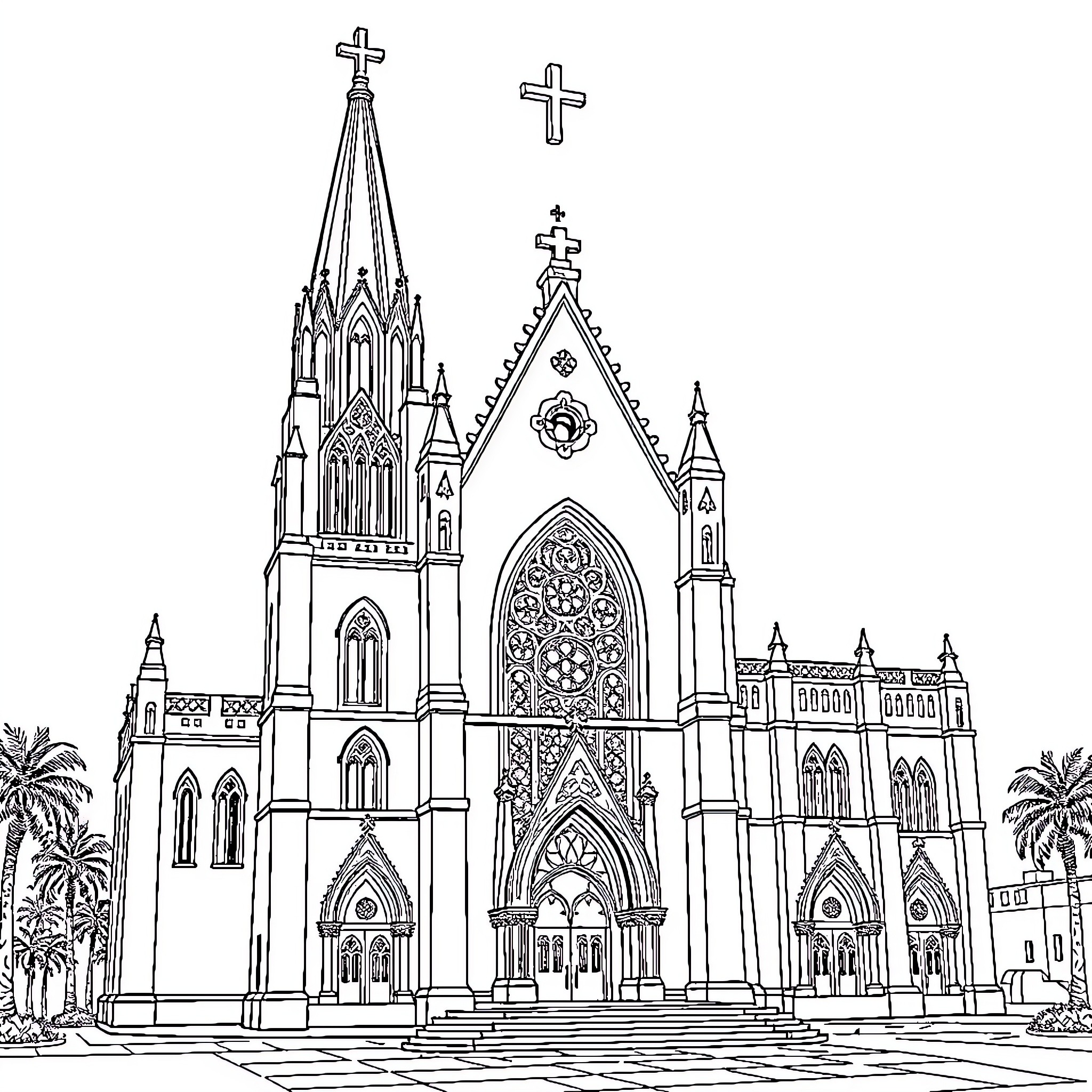 Notre Dame de Guadalupe: Majestic Gothic Cathedral Coloring Page (free black-and-white line drawing printable PDF for all, from beginners to advanced learners, including children, teens, adults, and seniors)