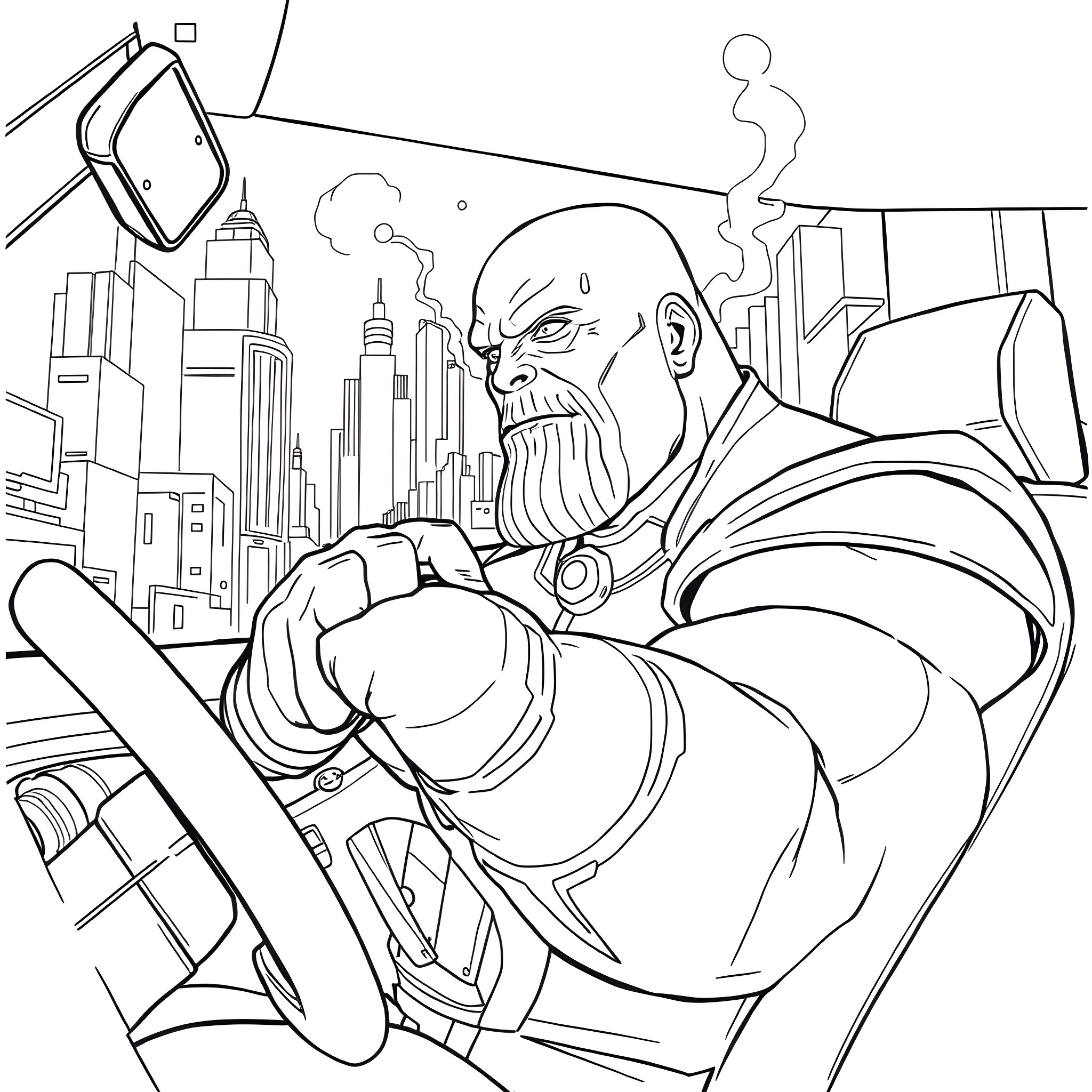 Thanos Wielding the Infinity Gauntlet in the City Coloring Page (free black-and-white line drawing printable PDF for all, from beginners to advanced learners, including children, teens, adults, and seniors)
