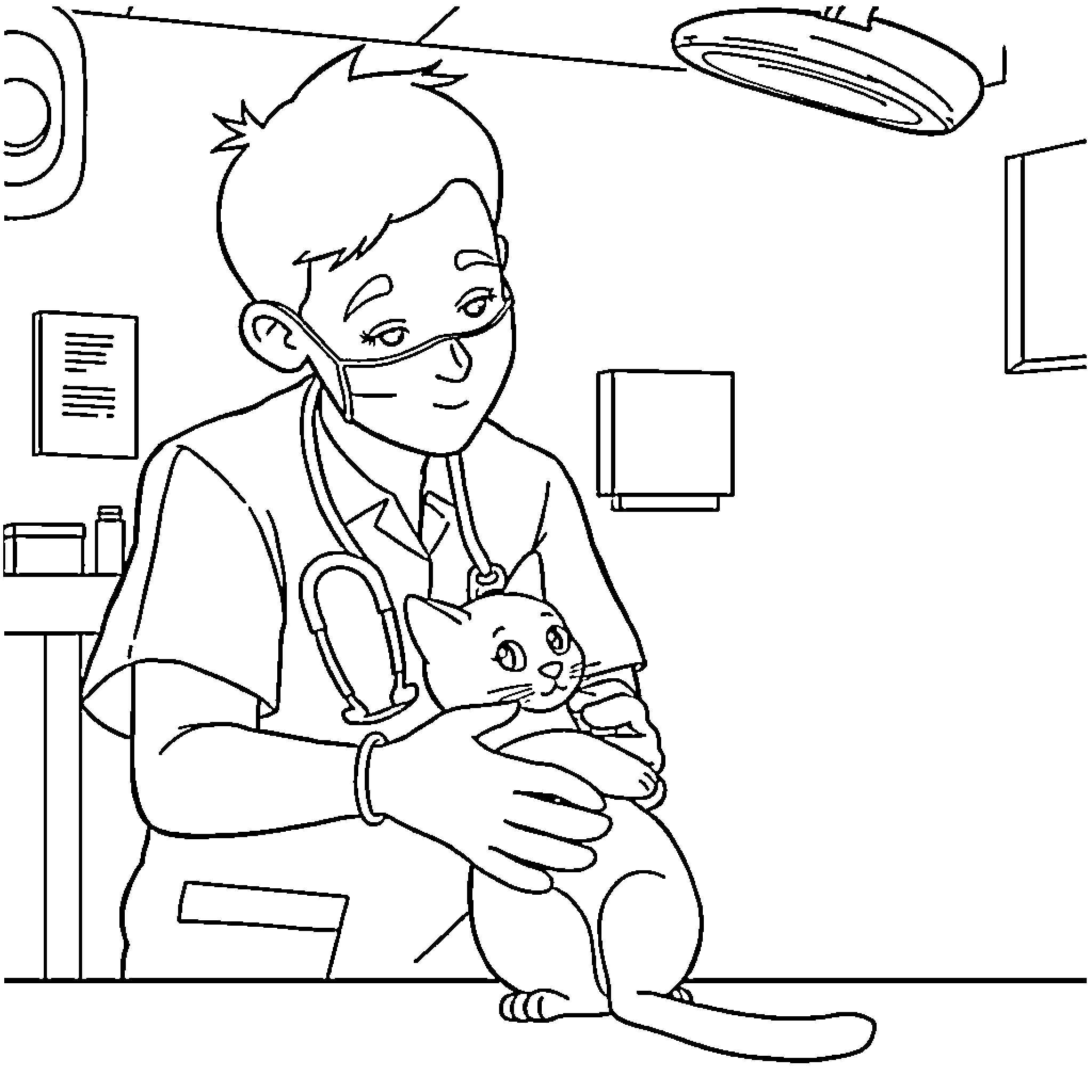Veterinarian examining a pet cat in the clinic Coloring Page (free black-and-white line drawing printable PDF for all, from beginners to advanced learners, including children, teens, adults, and seniors)
