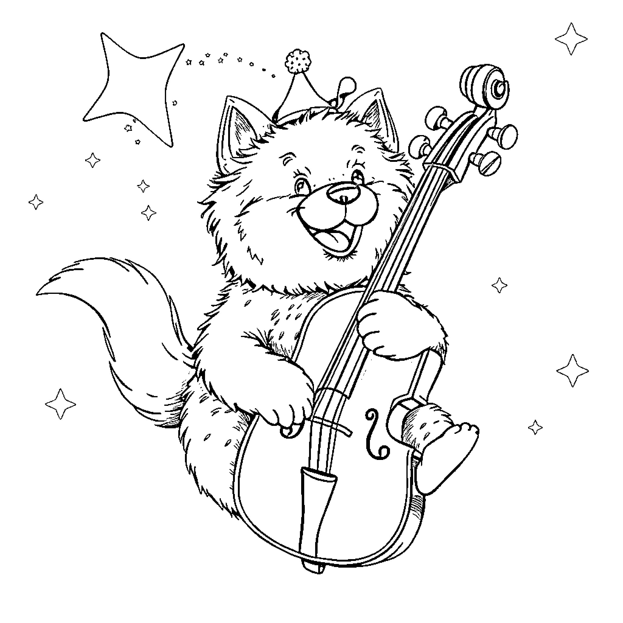 Dog playing joyfully with a violin under the stars Coloring Page (free black-and-white line drawing printable PDF for all, from beginners to advanced learners, including children, teens, adults, and seniors)