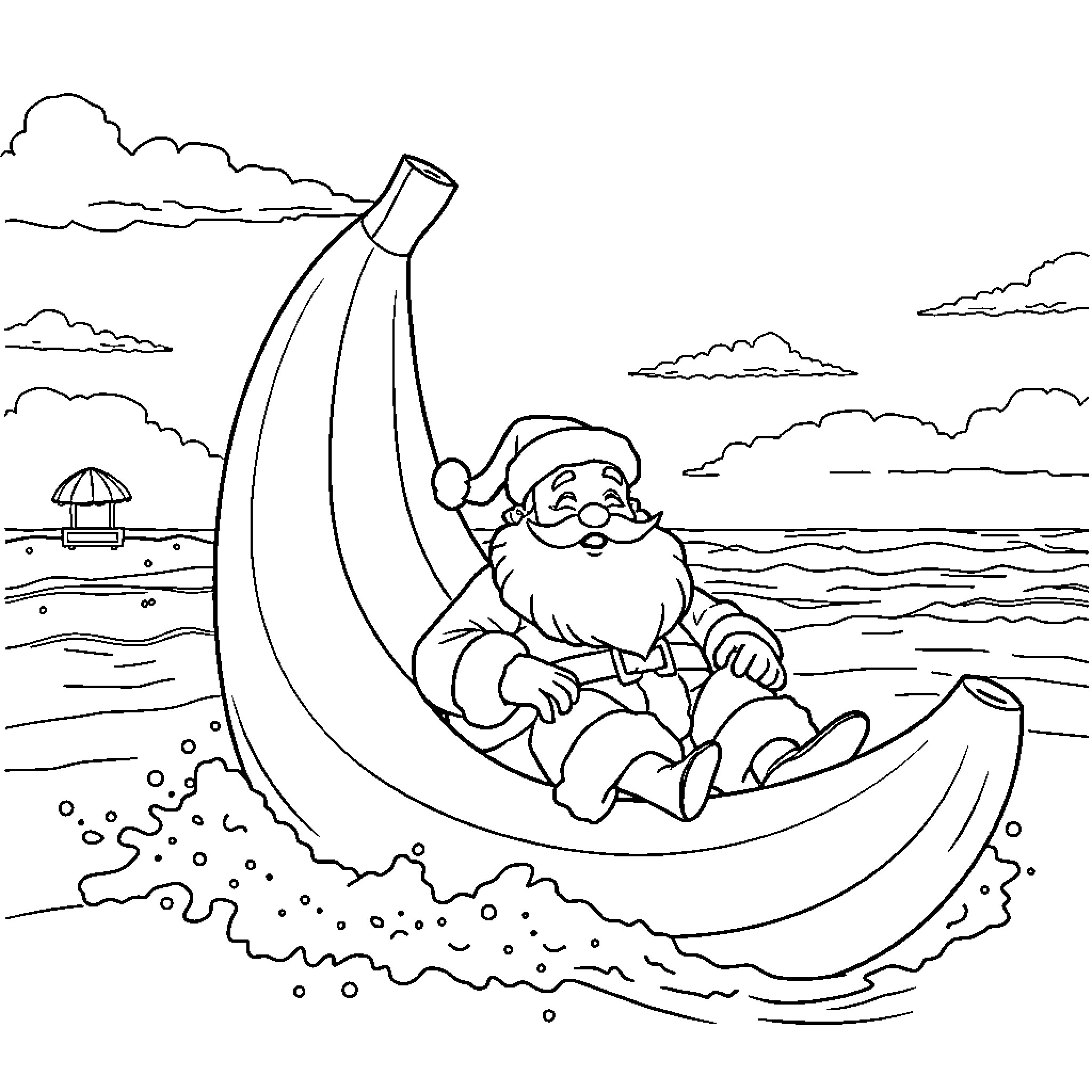 Santa relaxing on a crescent moon boat Coloring Page (free black-and-white line drawing printable PDF for all, from beginners to advanced learners, including children, teens, adults, and seniors)