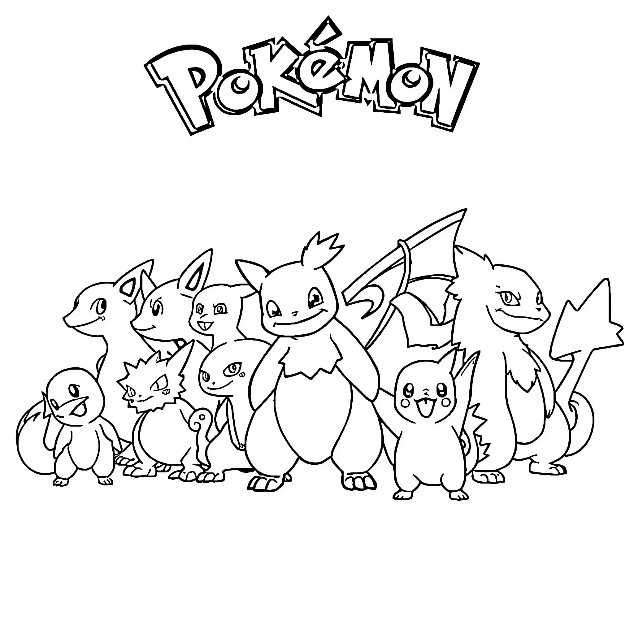 Pokémon Characters Gathered Together Coloring Page (free black-and-white line drawing printable PDF for all, from beginners to advanced learners, including children, teens, adults, and seniors)