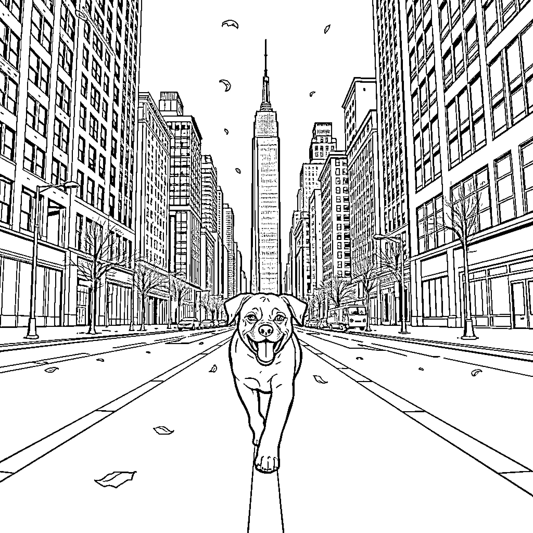 Dog exploring the bustling city streets Coloring Page (free black-and-white line drawing printable PDF for all, from beginners to advanced learners, including children, teens, adults, and seniors)