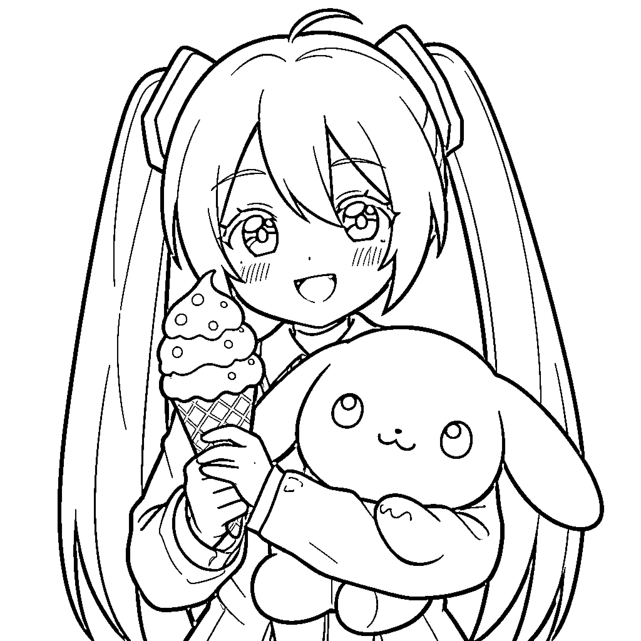 Miku Hatsune enjoying ice cream with a cute plush doll Coloring Page (free black-and-white line drawing printable PDF for all, from beginners to advanced learners, including children, teens, adults, and seniors)