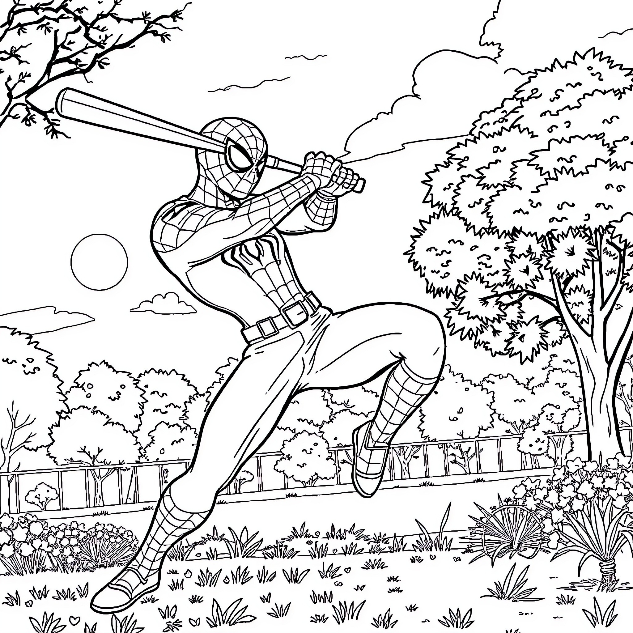 Spiderman swinging through the city landscape Coloring Page (free black-and-white line drawing printable PDF for all, from beginners to advanced learners, including children, teens, adults, and seniors)