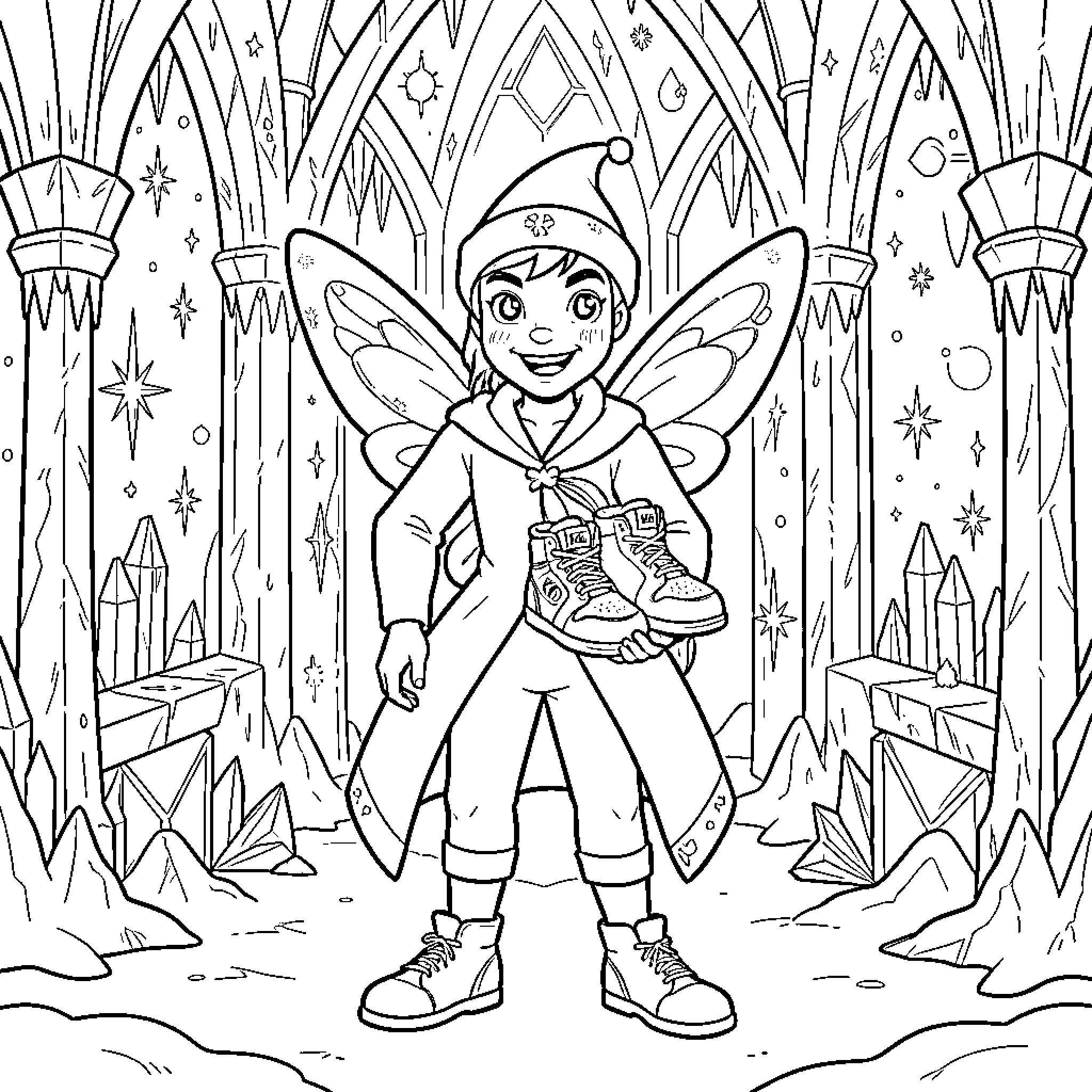 Drake dressed as a fairy holding tiny shoes Coloring Page (free black-and-white line drawing printable PDF for all, from beginners to advanced learners, including children, teens, adults, and seniors)