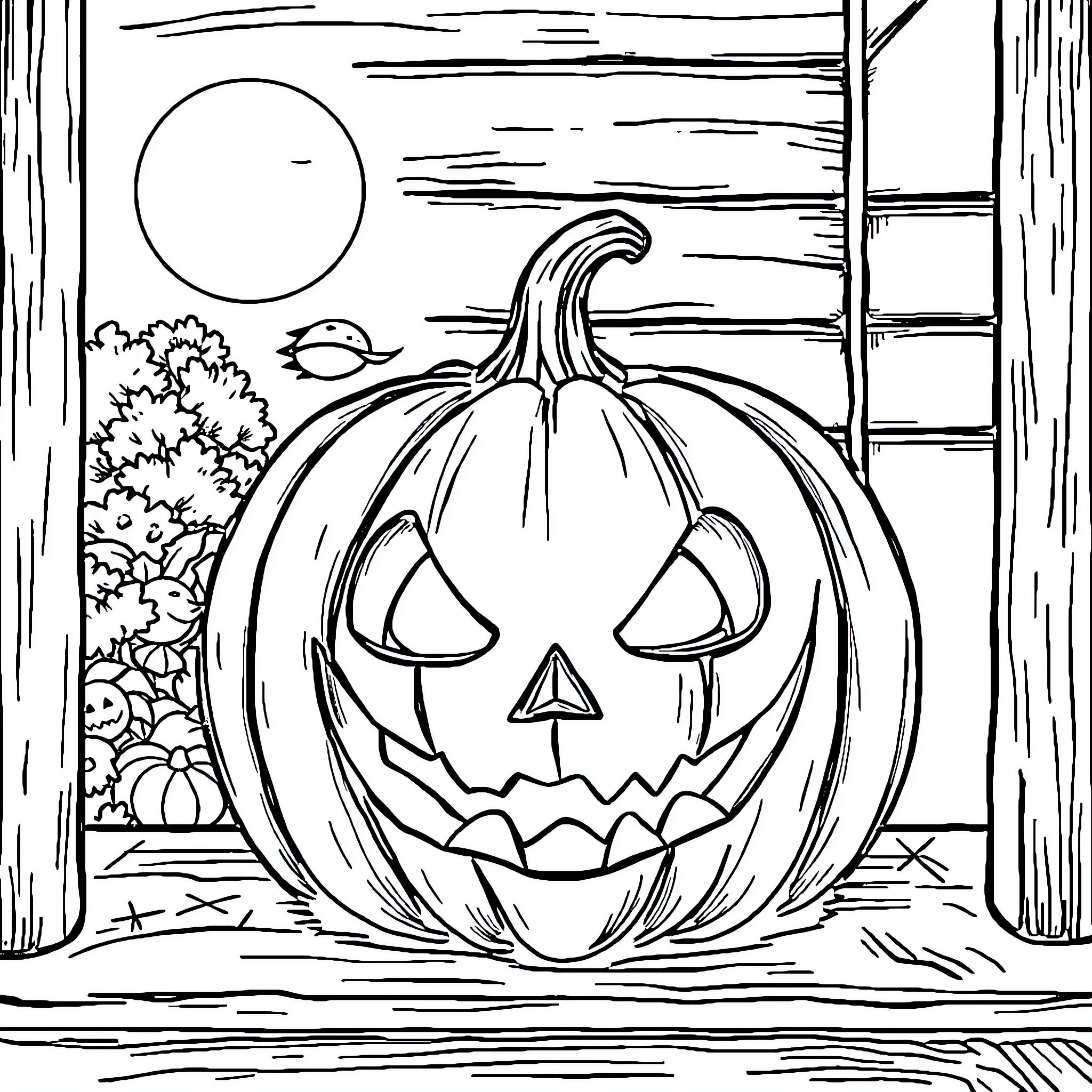 Pumpkin carving in the moonlight Coloring Page (free black-and-white line drawing printable PDF for all, from beginners to advanced learners, including children, teens, adults, and seniors)