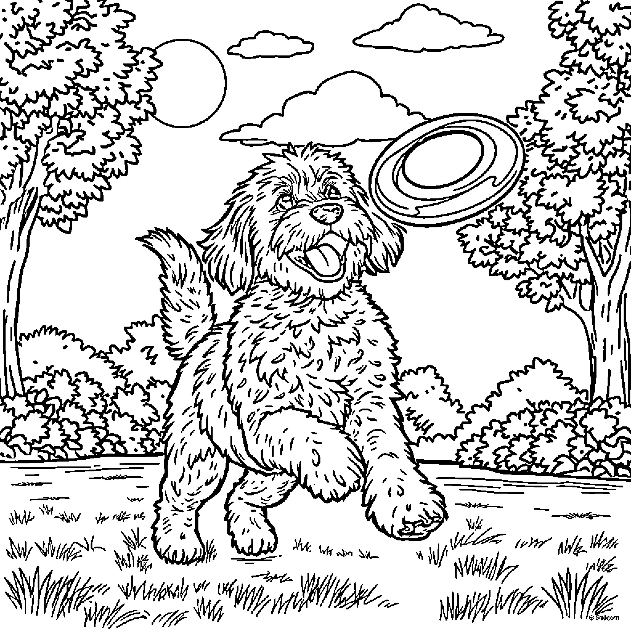 Doodle of a happy dog playing with a Frisbee in the park Coloring Page (free black-and-white line drawing printable PDF for all, from beginners to advanced learners, including children, teens, adults, and seniors)