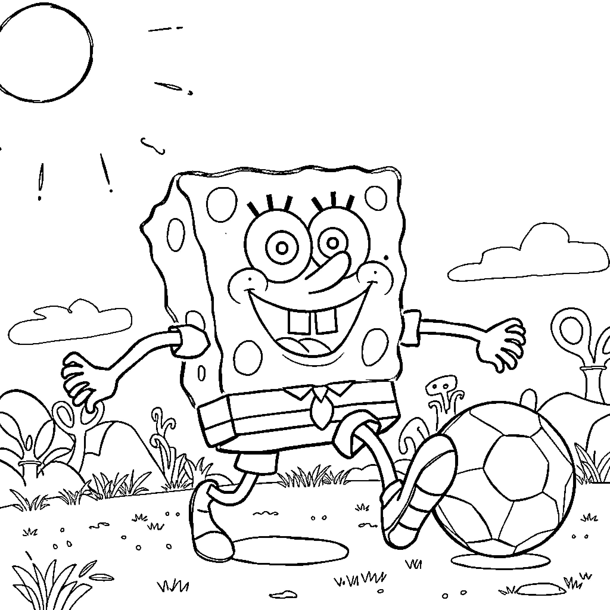 Spongebob playing joyfully with soccer ball in nature Coloring Page (free black-and-white line drawing printable PDF for all, from beginners to advanced learners, including children, teens, adults, and seniors)
