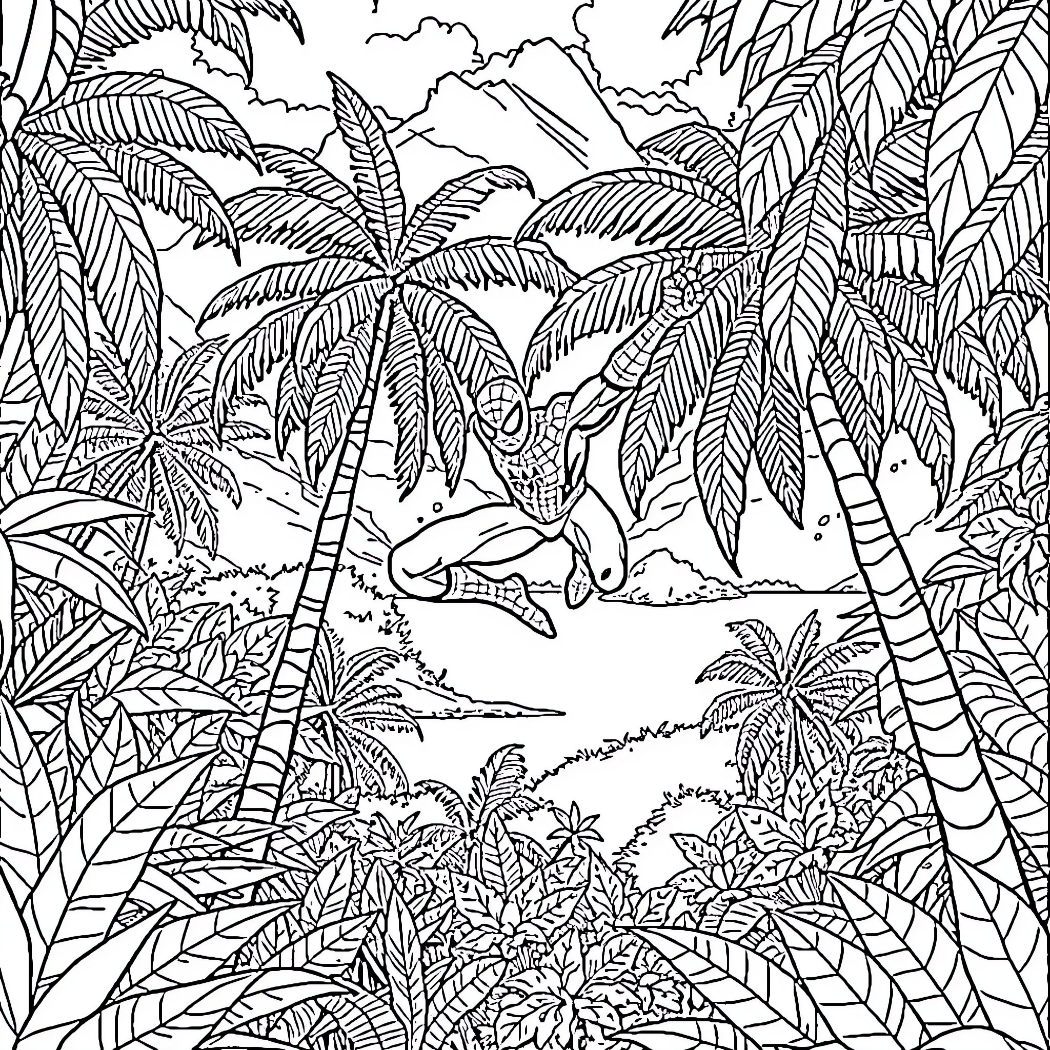 Spiderman swinging through a tropical jungle landscape Coloring Page (free black-and-white line drawing printable PDF for all, from beginners to advanced learners, including children, teens, adults, and seniors)