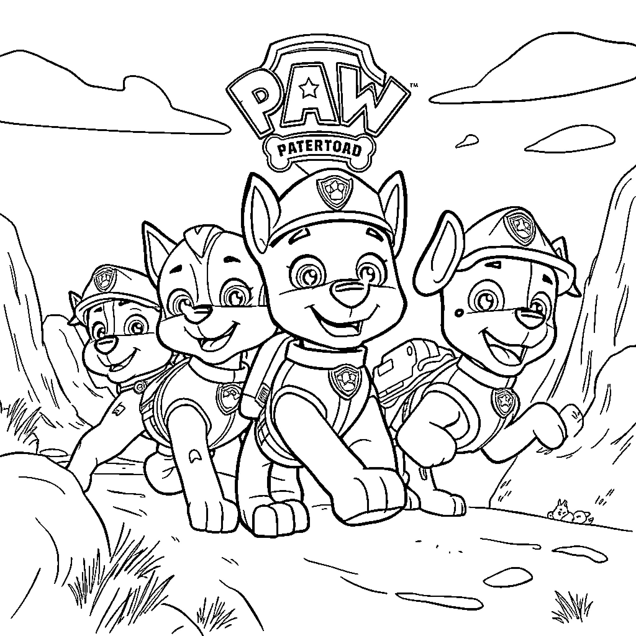 Paw Patrol pups on an outdoor adventure Coloring Page (free black-and-white line drawing printable PDF for all, from beginners to advanced learners, including children, teens, adults, and seniors)