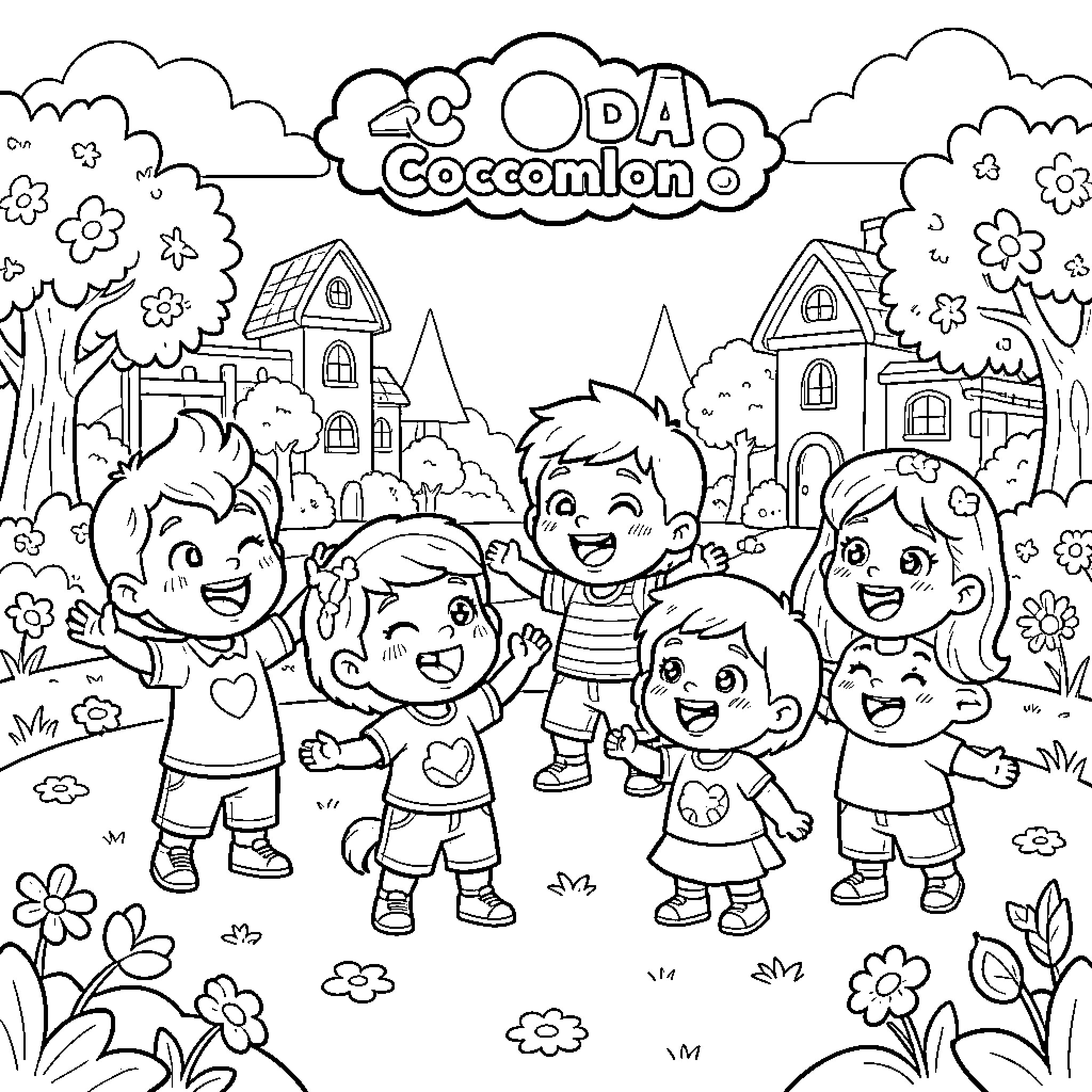 Cocomelon Kids Enjoying Nature Outdoors Coloring Page (free black-and-white line drawing printable PDF for all, from beginners to advanced learners, including children, teens, adults, and seniors)