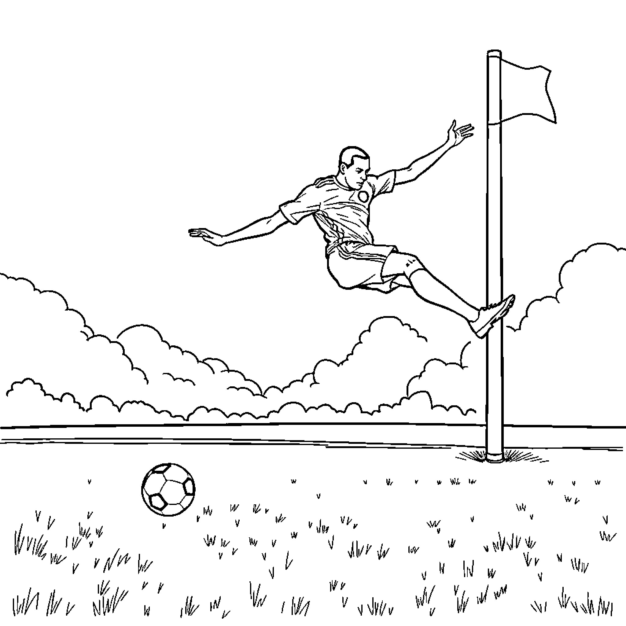 Jean Philippe Mateta leaping with ball and flag in the air Coloring Page (free black-and-white line drawing printable PDF for all, from beginners to advanced learners, including children, teens, adults, and seniors)