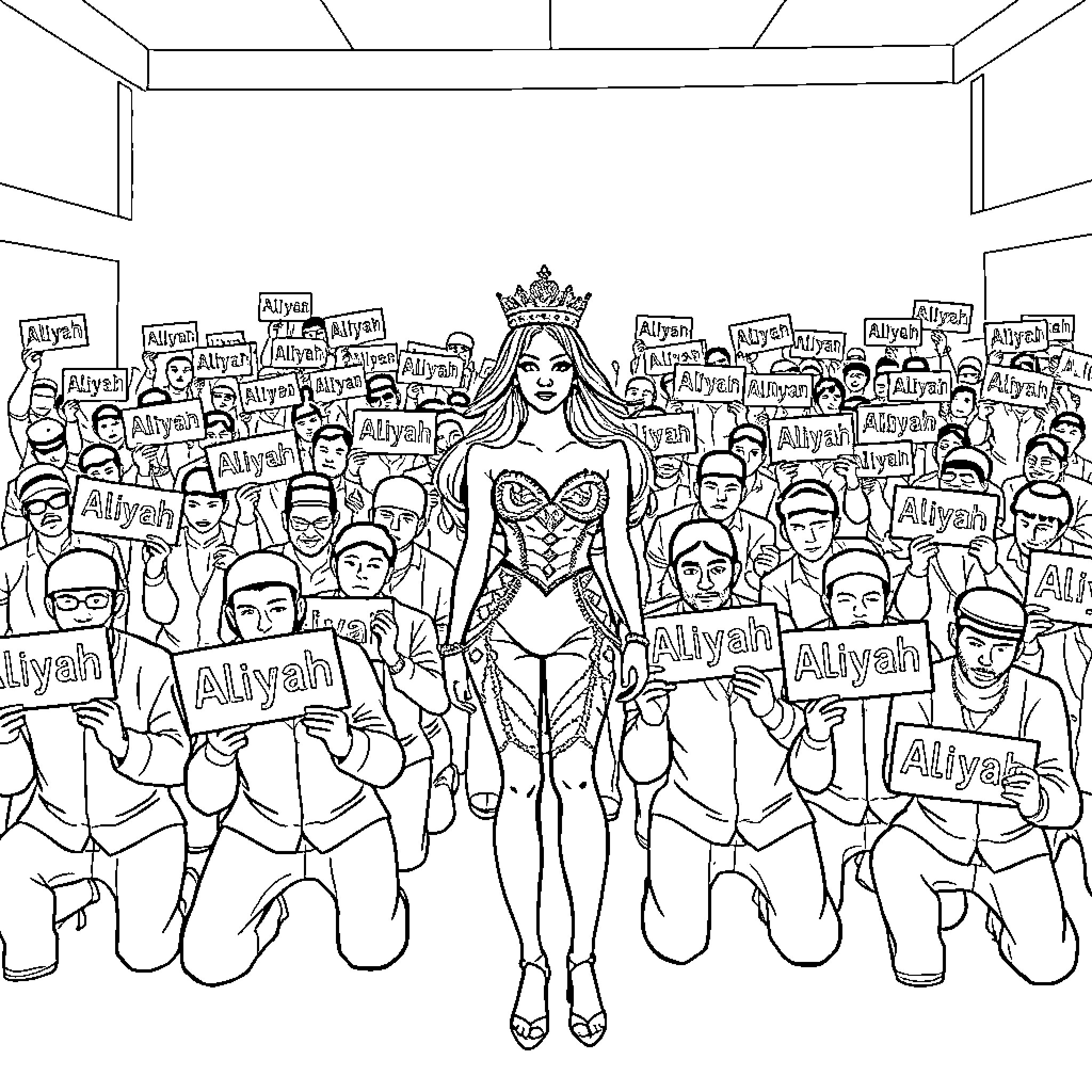 Woman leading a crowd with empowering expressions Coloring Page (free black-and-white line drawing printable PDF for all, from beginners to advanced learners, including children, teens, adults, and seniors)