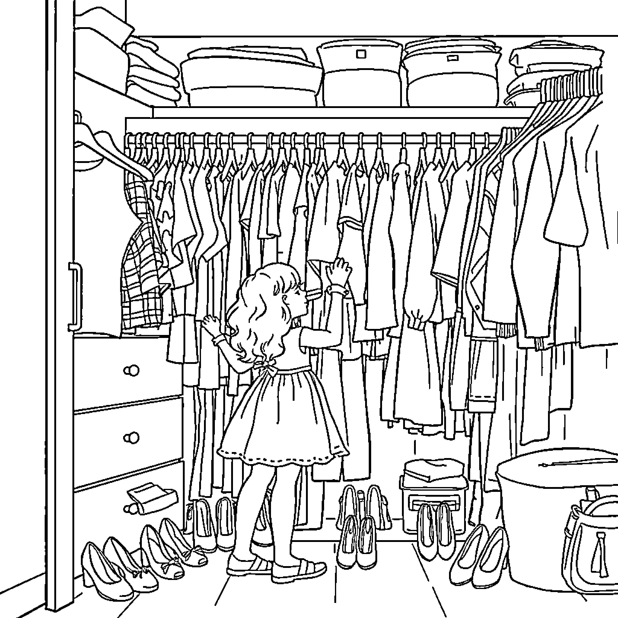 Mother organizing her closet with clothes and accessories Coloring Page (free black-and-white line drawing printable PDF for all, from beginners to advanced learners, including children, teens, adults, and seniors)