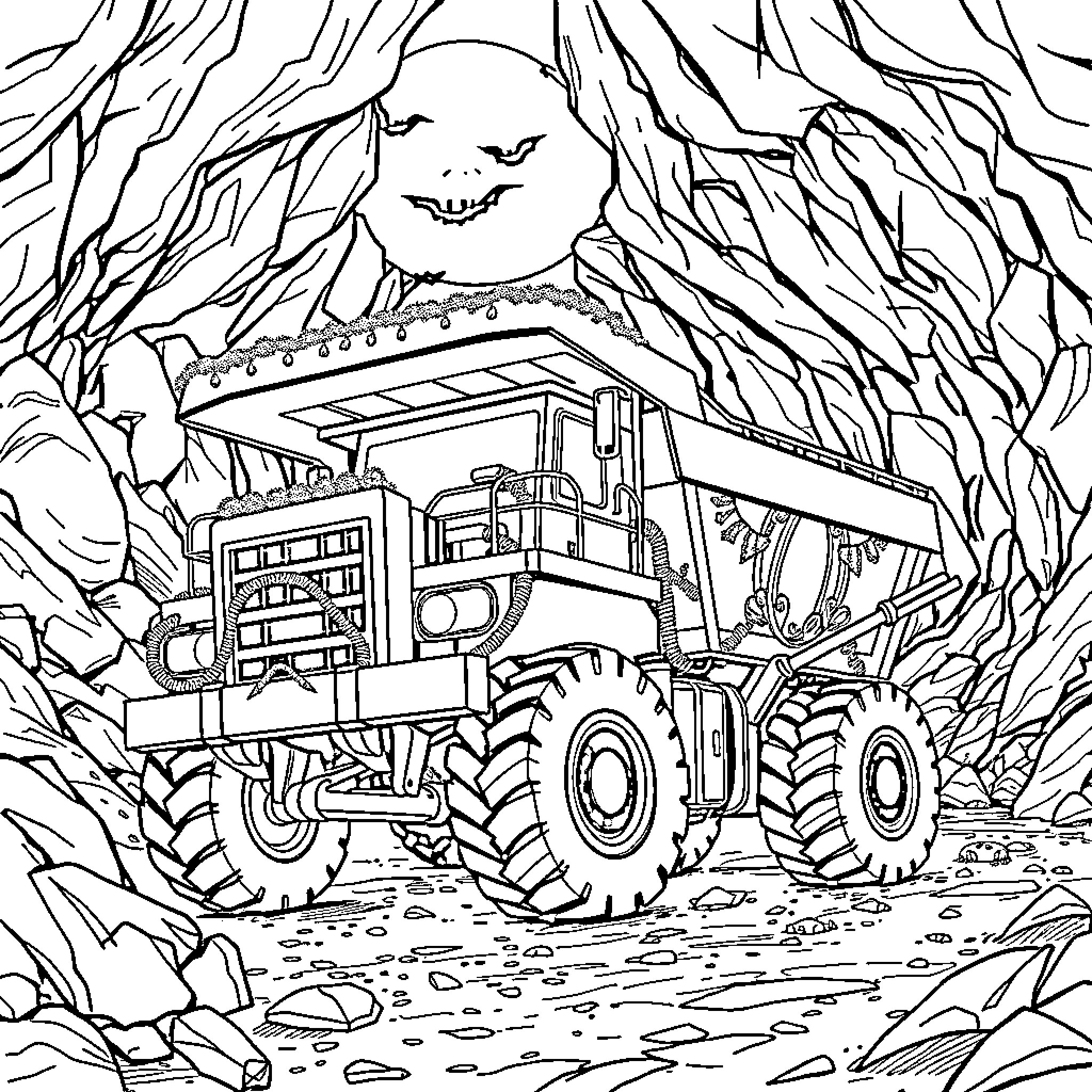 Truck navigating through rocky terrain Coloring Page (free black-and-white line drawing printable PDF for all, from beginners to advanced learners, including children, teens, adults, and seniors)