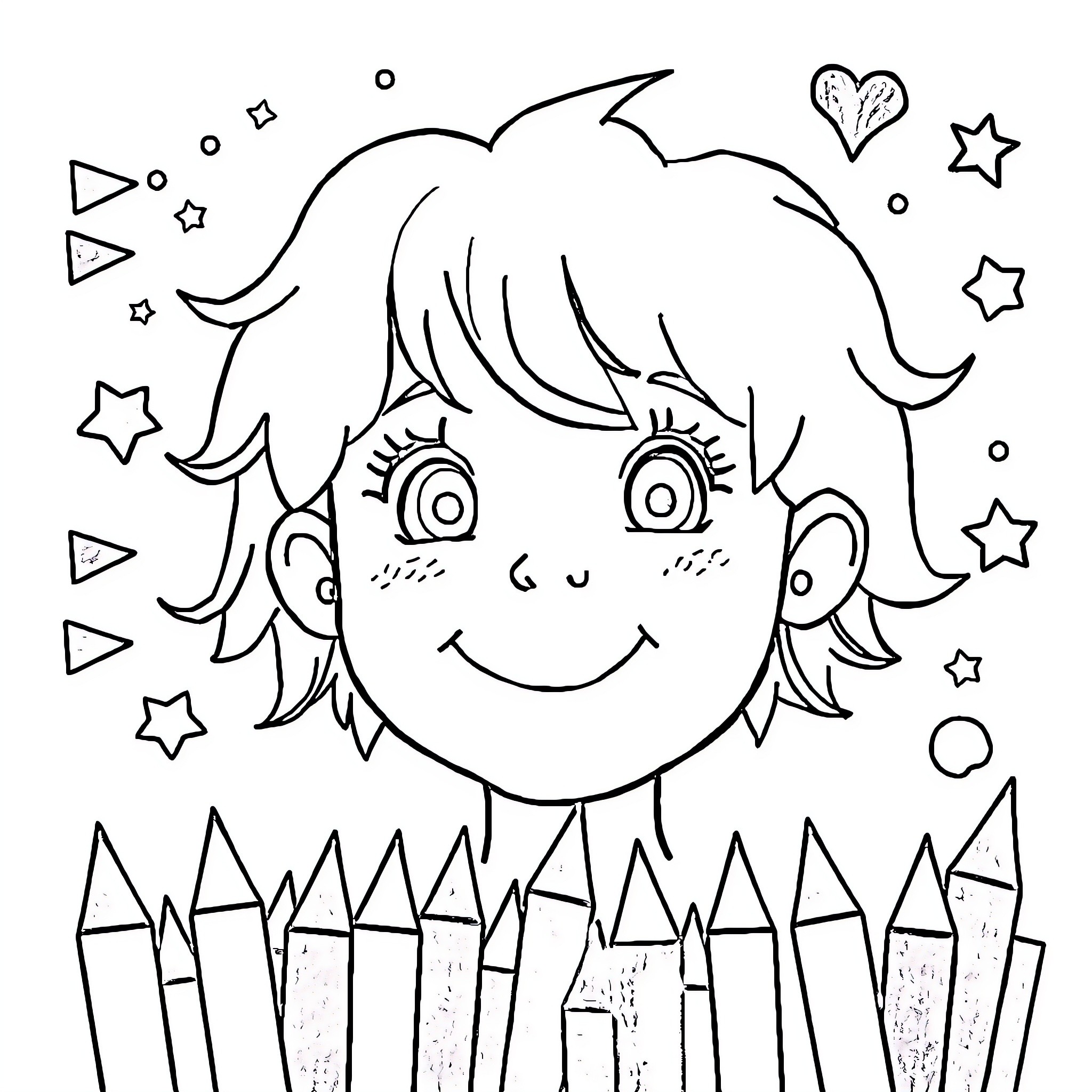 Drawing of a smiling child with stars and shapes Coloring Page (free black-and-white line drawing printable PDF for all, from beginners to advanced learners, including children, teens, adults, and seniors)