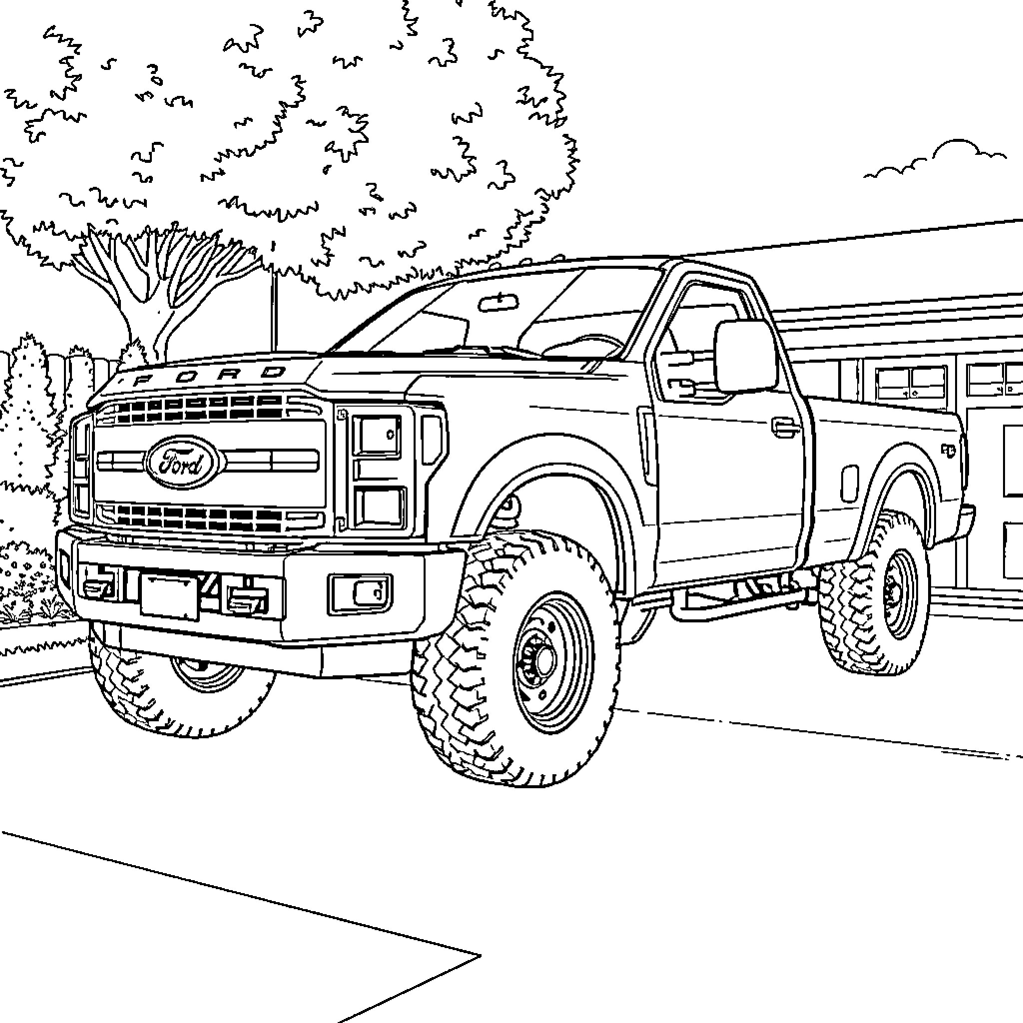 Ford Truck driving through the countryside Coloring Page (free black-and-white line drawing printable PDF for all, from beginners to advanced learners, including children, teens, adults, and seniors)