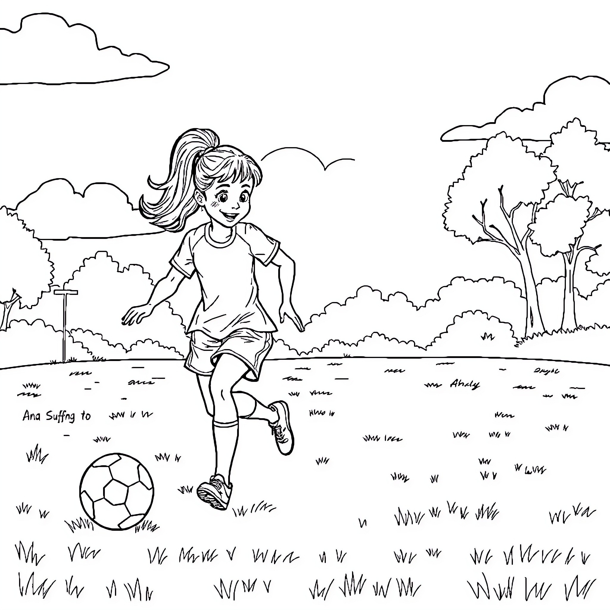 Anya playing with a soccer ball in the park Coloring Page (free black-and-white line drawing printable PDF for all, from beginners to advanced learners, including children, teens, adults, and seniors)