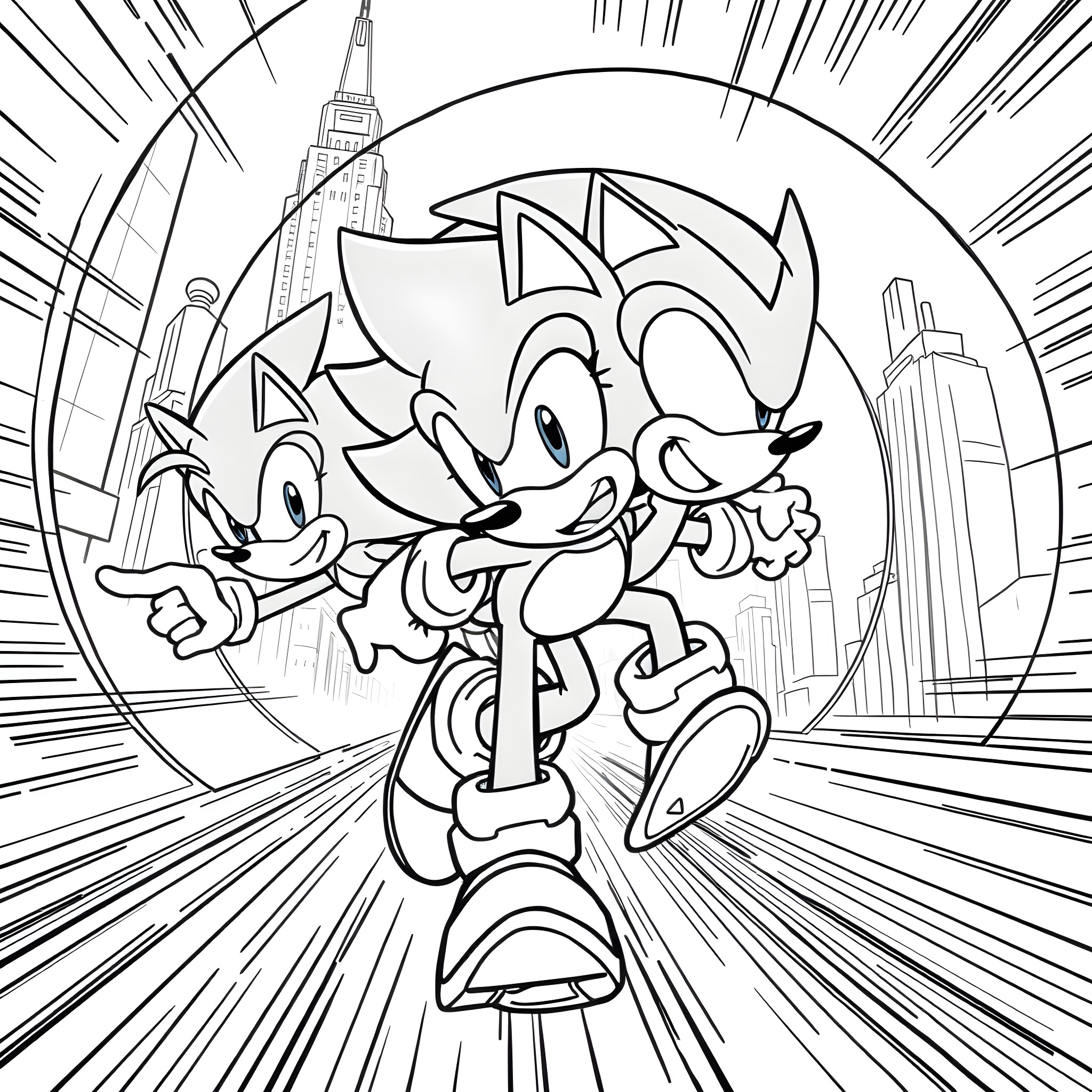 Hedgehog heroes racing through the city Coloring Page (free black-and-white line drawing printable PDF for all, from beginners to advanced learners, including children, teens, adults, and seniors)