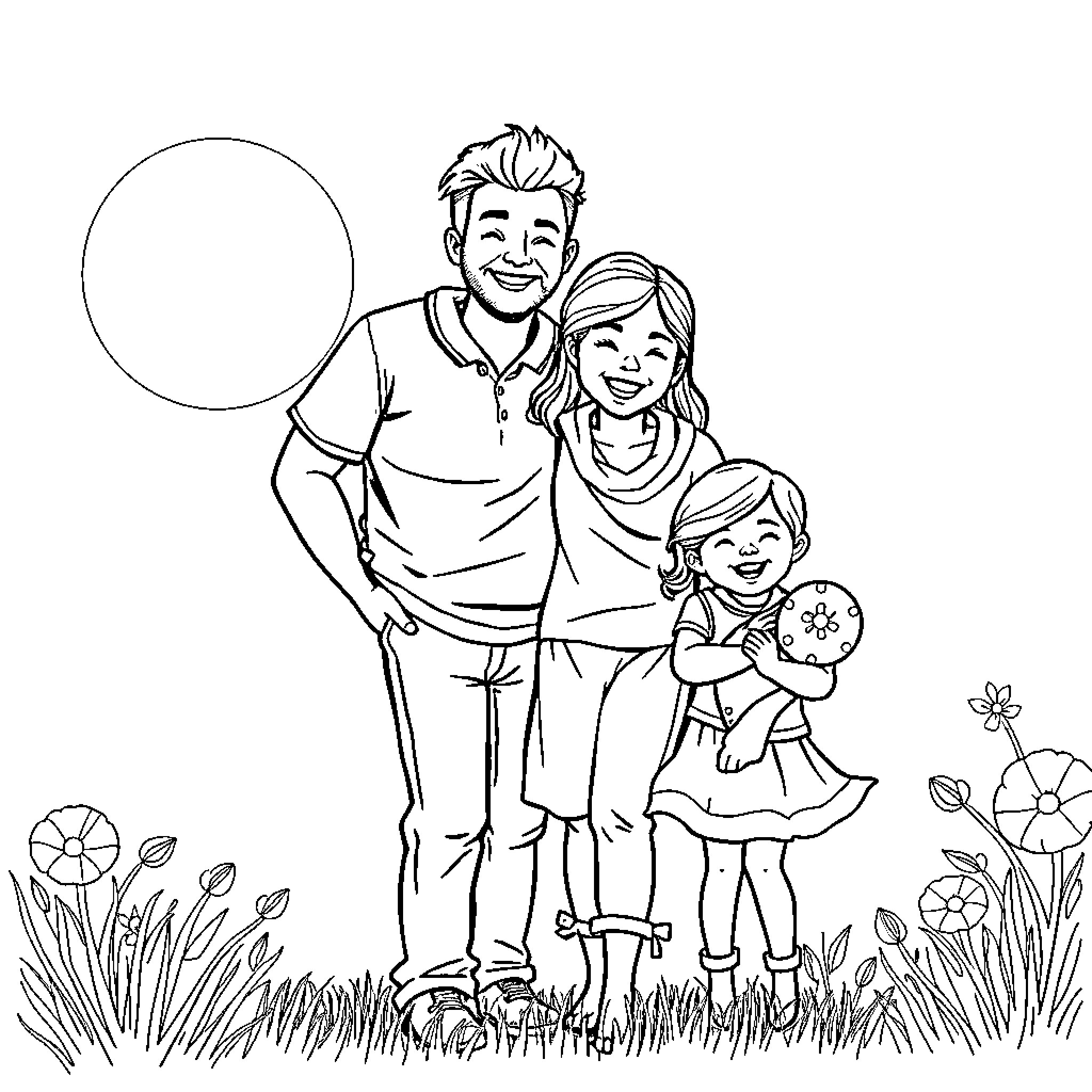 Familia enjoying time together outdoors Coloring Page (free black-and-white line drawing printable PDF for all, from beginners to advanced learners, including children, teens, adults, and seniors)