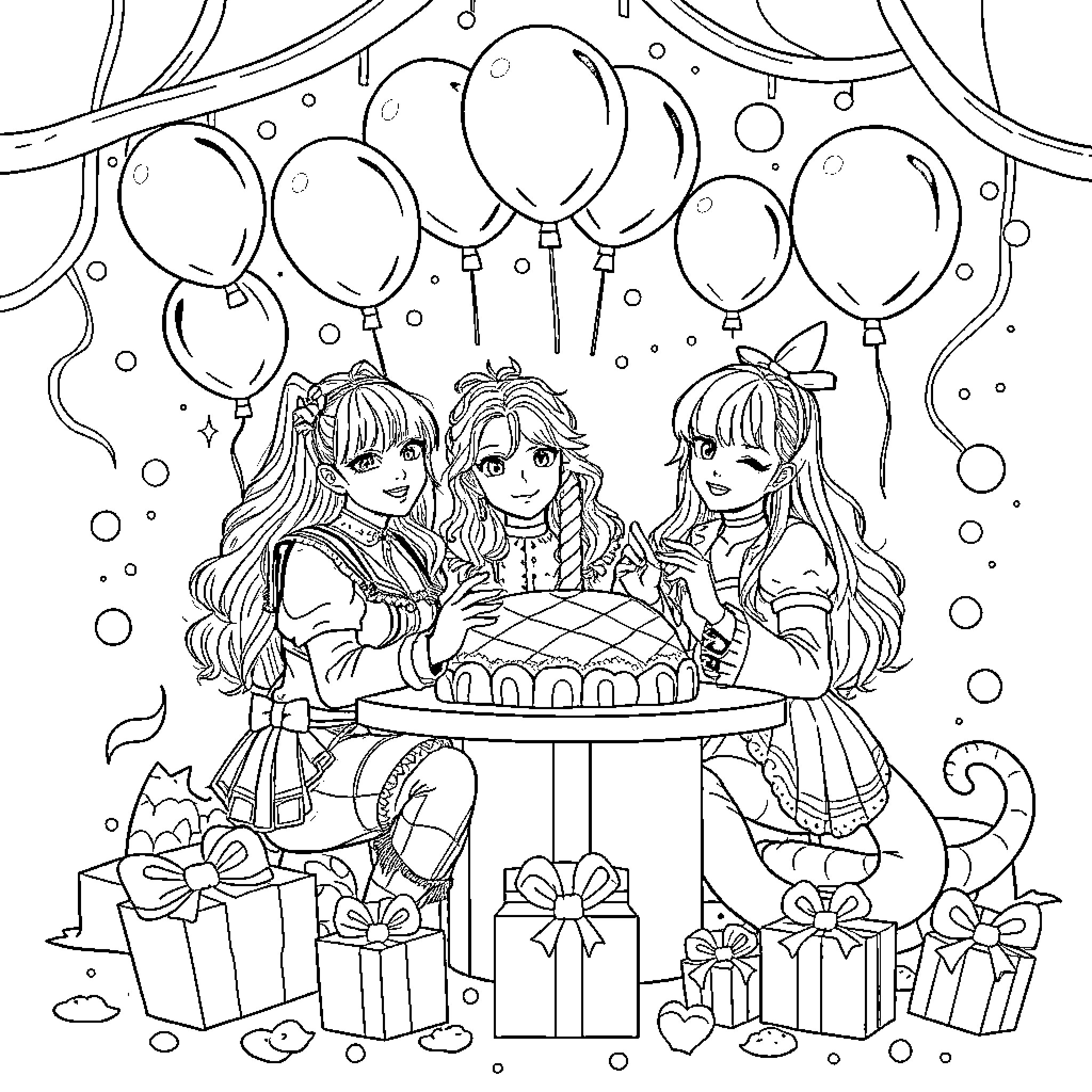 Guerrera Girls Celebrate with Cake and Balloons Coloring Page (free black-and-white line drawing printable PDF for all, from beginners to advanced learners, including children, teens, adults, and seniors)