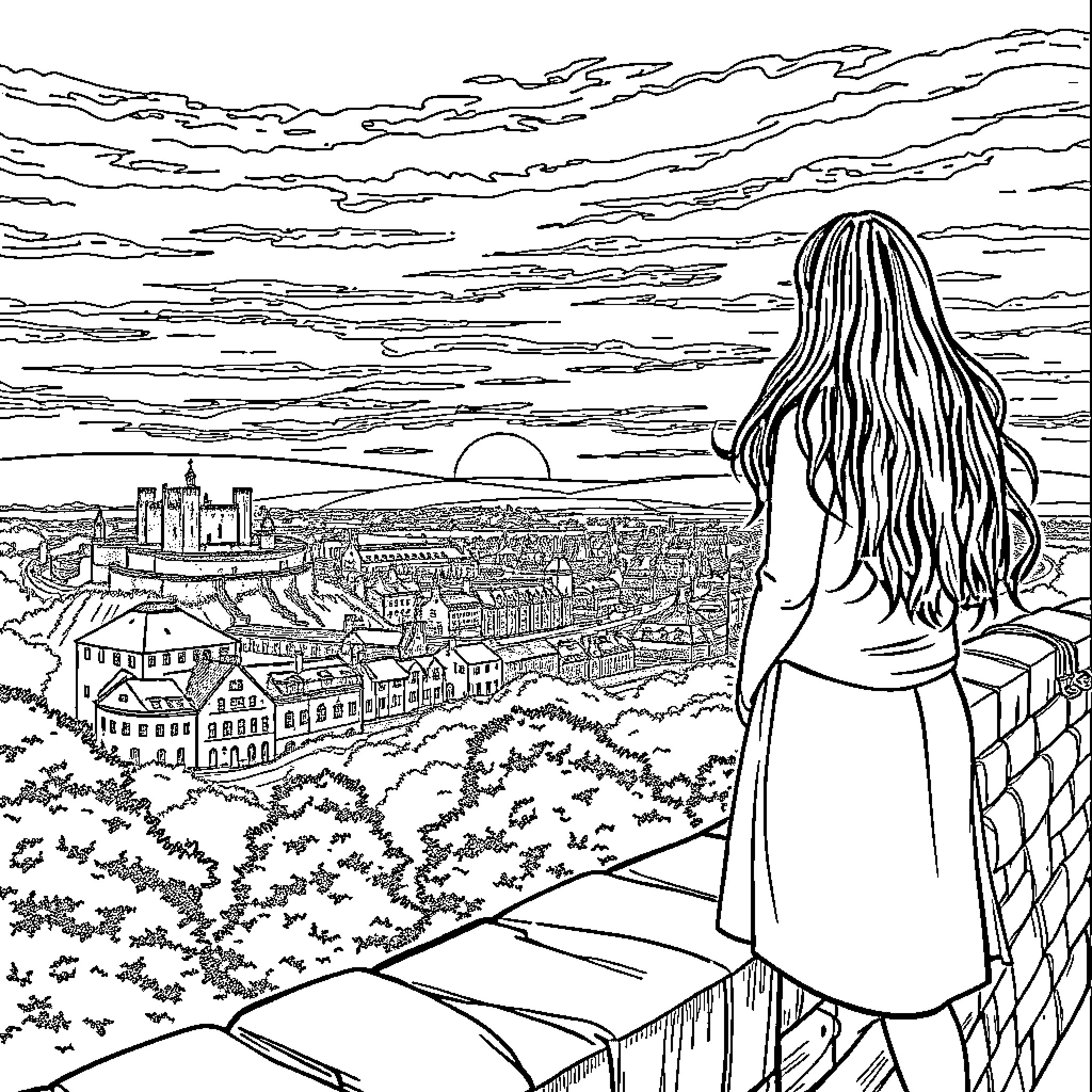 Woman overlooking the city at sunset Coloring Page (free black-and-white line drawing printable PDF for all, from beginners to advanced learners, including children, teens, adults, and seniors)