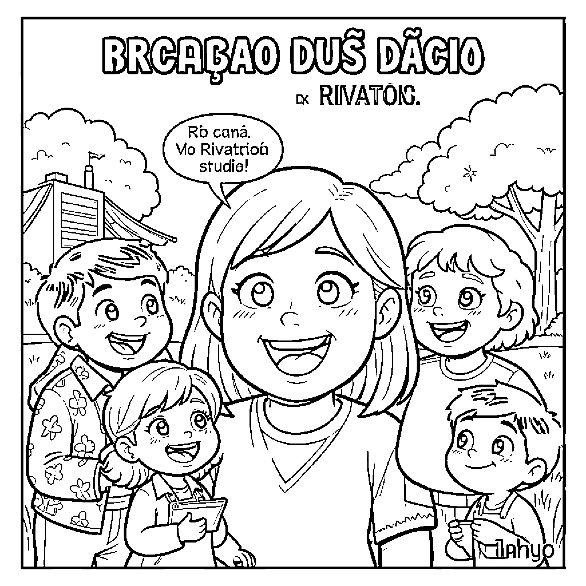 Dubbing happy children expressing excitement in a studio Coloring Page (free black-and-white line drawing printable PDF for all, from beginners to advanced learners, including children, teens, adults, and seniors)