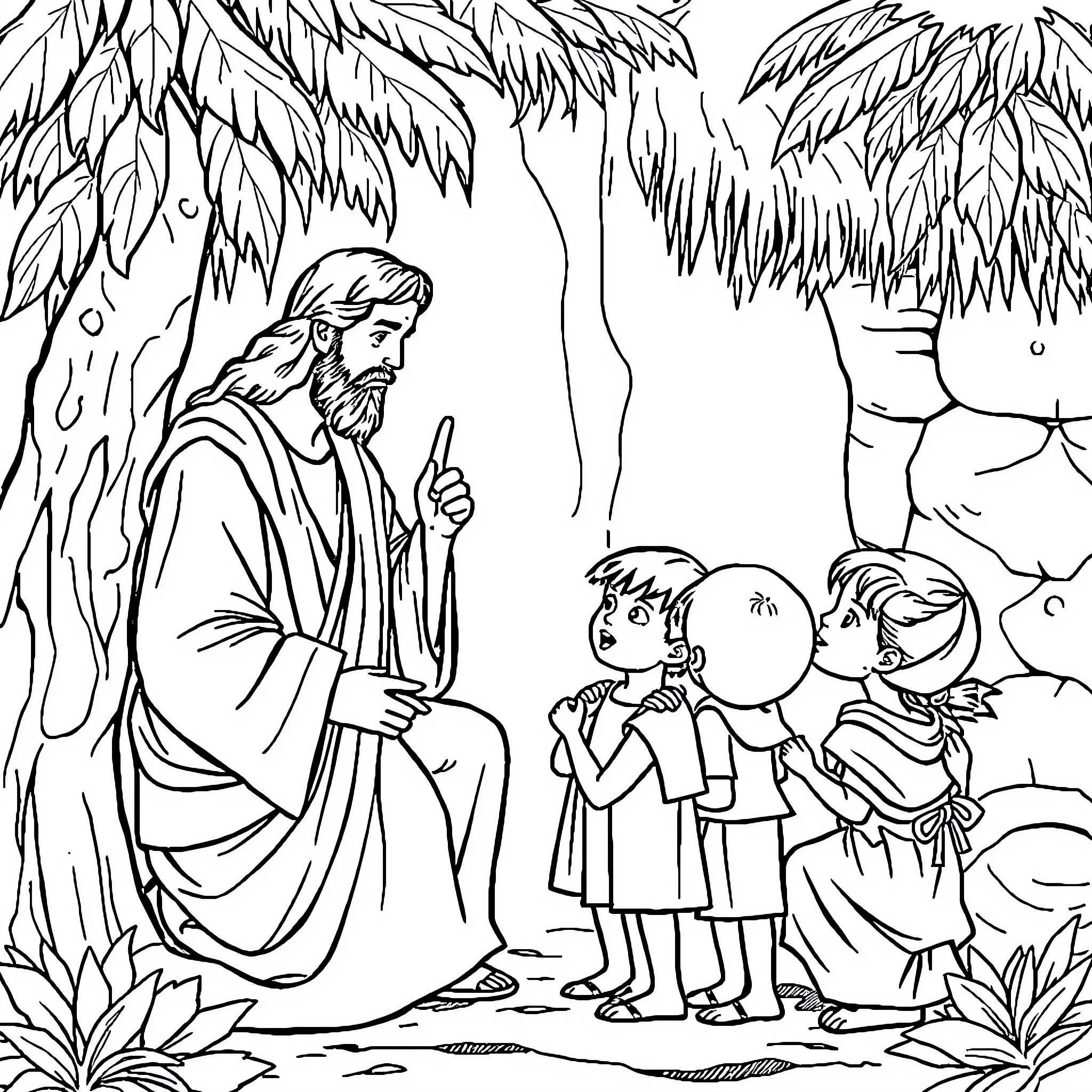 Jesus teaching and blessing the children in the forest Coloring Page (free black-and-white line drawing printable PDF for all, from beginners to advanced learners, including children, teens, adults, and seniors)