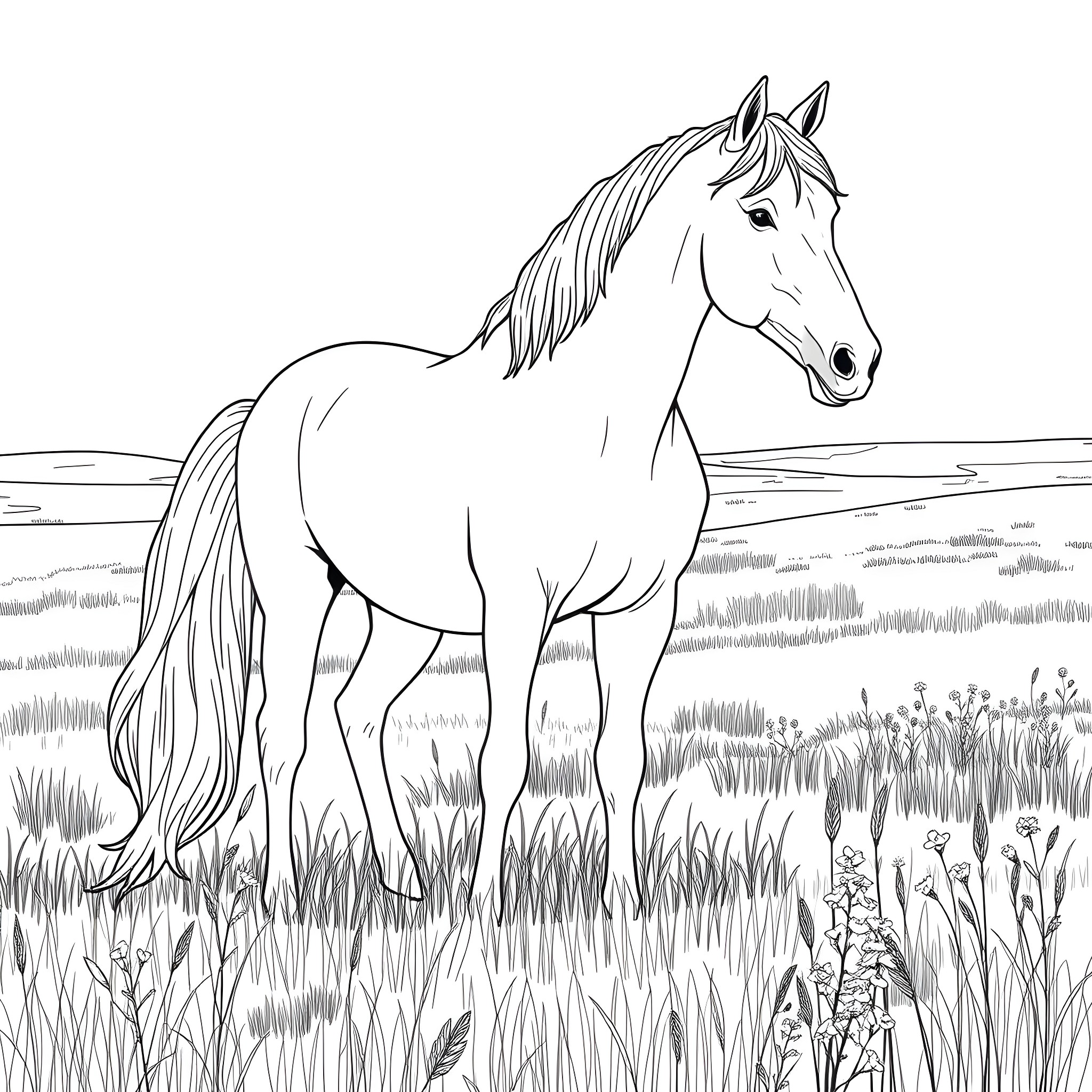 Horse standing gracefully in a lush meadow Coloring Page (free black-and-white line drawing printable PDF for all, from beginners to advanced learners, including children, teens, adults, and seniors)