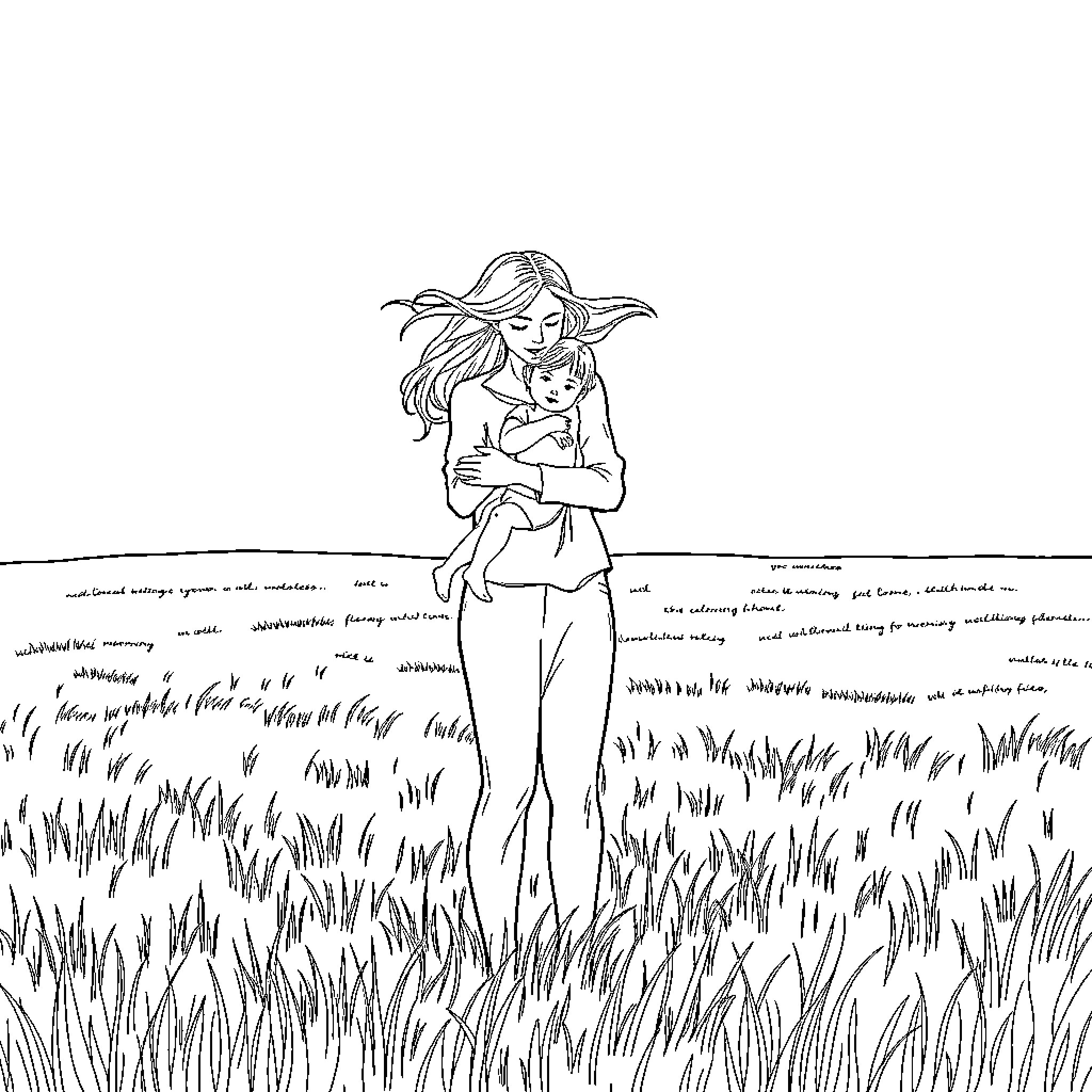 Mother embracing her child in a grassy field Coloring Page (free black-and-white line drawing printable PDF for all, from beginners to advanced learners, including children, teens, adults, and seniors)