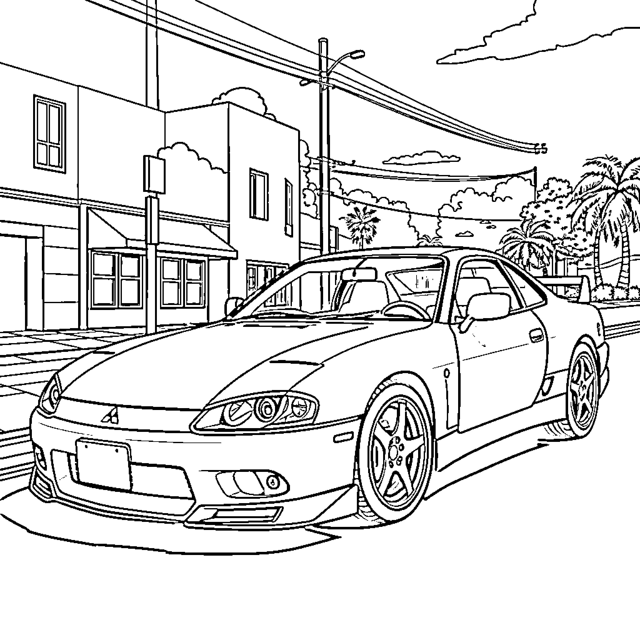 Mitsubishi 3000 GT parked on city street Coloring Page (free black-and-white line drawing printable PDF for all, from beginners to advanced learners, including children, teens, adults, and seniors)