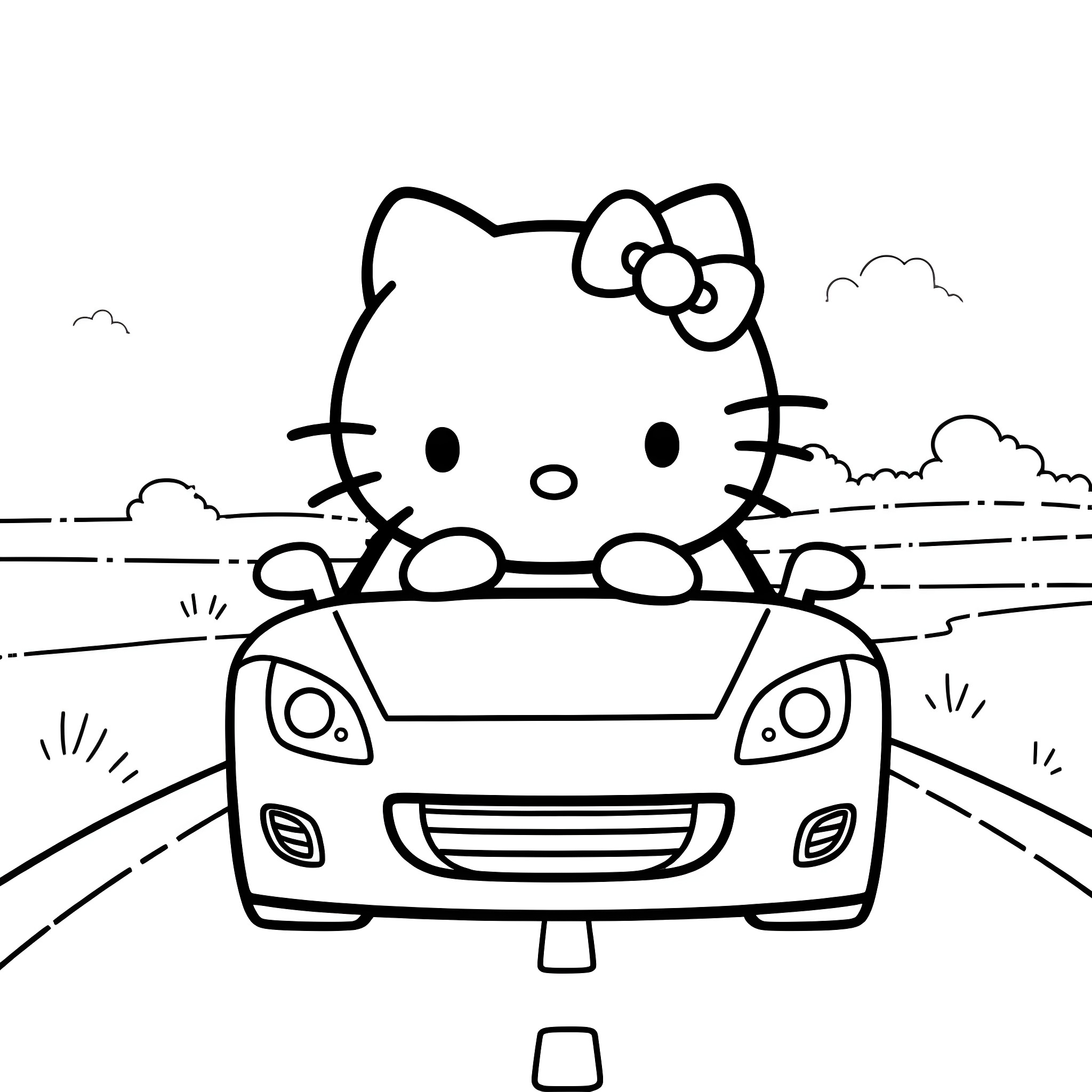 Hello Kitty driving a car happily Coloring Page (free black-and-white line drawing printable PDF for all, from beginners to advanced learners, including children, teens, adults, and seniors)