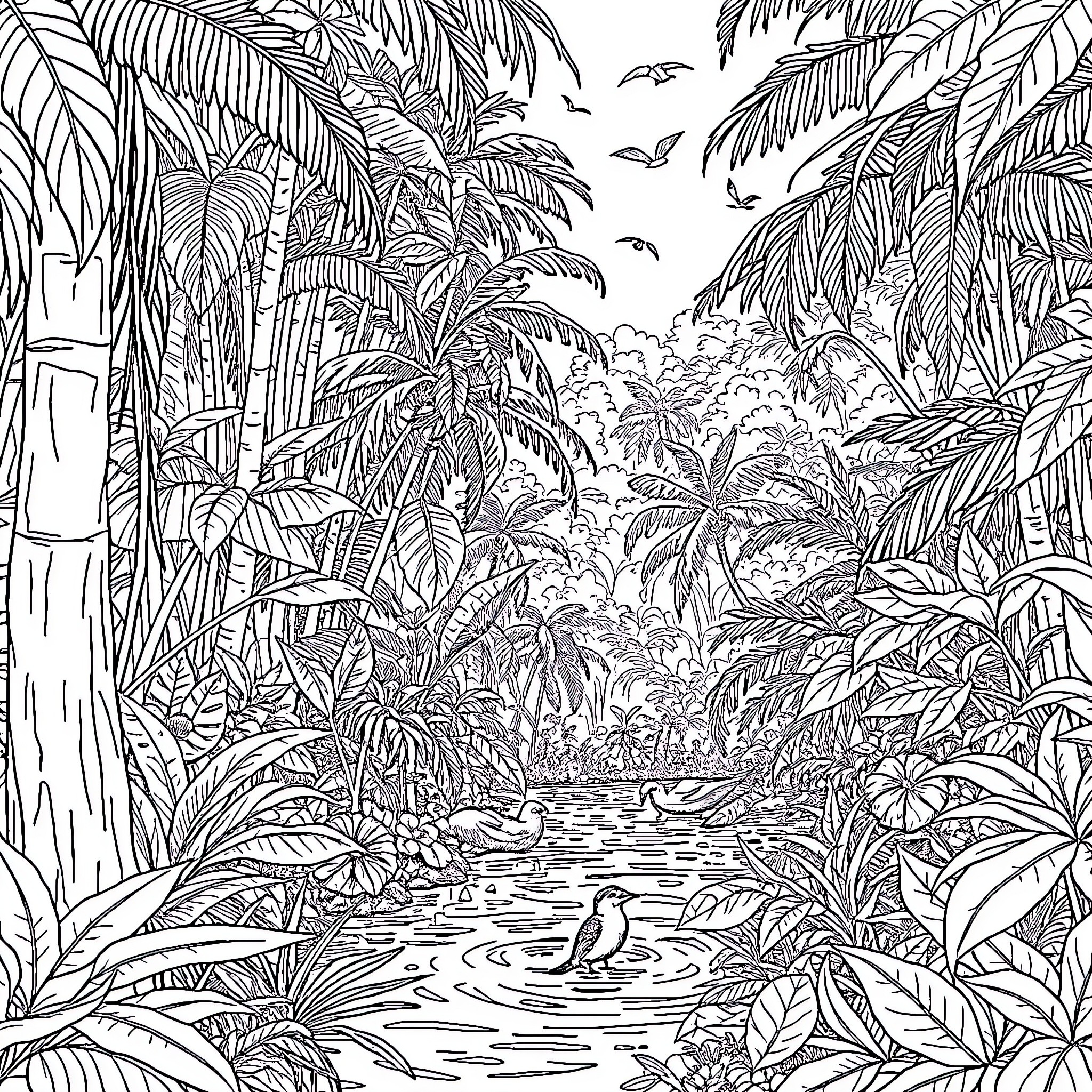 Forest with lush tropical vegetation and wildlife Coloring Page (free black-and-white line drawing printable PDF for all, from beginners to advanced learners, including children, teens, adults, and seniors)