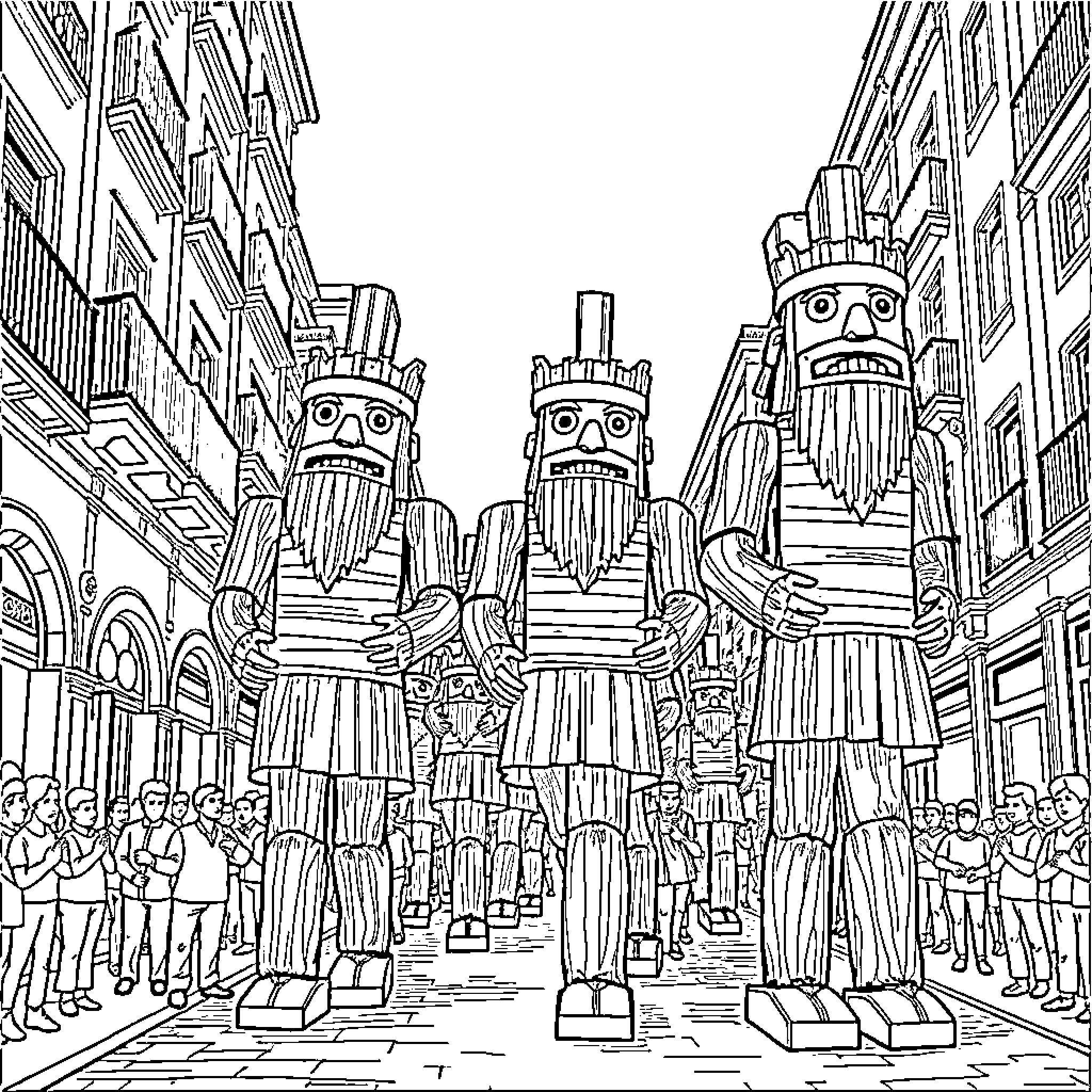 Giant wooden figures in a crowded city street Coloring Page (free black-and-white line drawing printable PDF for all, from beginners to advanced learners, including children, teens, adults, and seniors)