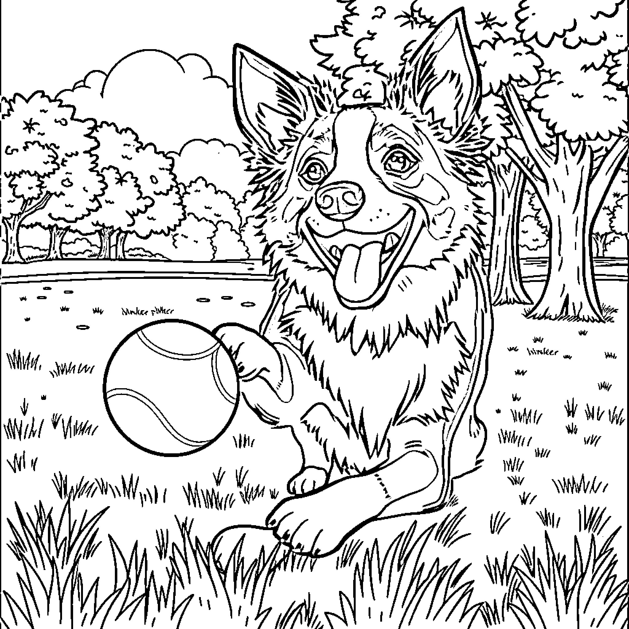 Border Collie playing joyfully in the park Coloring Page (free black-and-white line drawing printable PDF for all, from beginners to advanced learners, including children, teens, adults, and seniors)