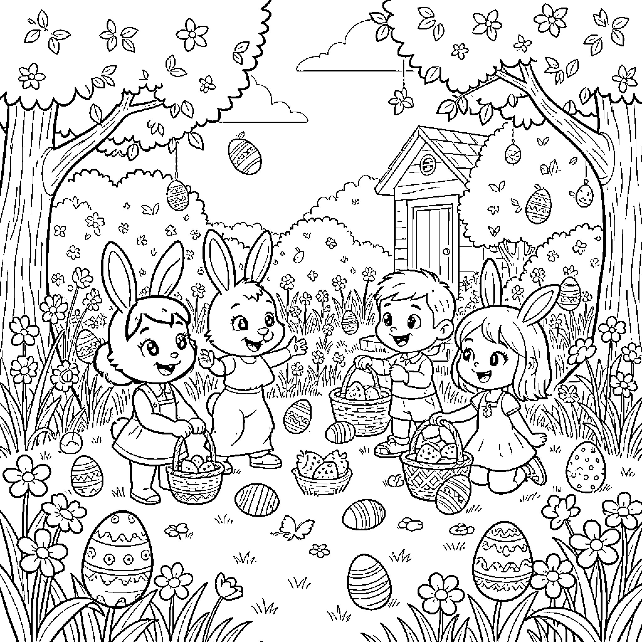 Pat Patrouille: Friends Celebrating Easter Joyfully Coloring Page (free black-and-white line drawing printable PDF for all, from beginners to advanced learners, including children, teens, adults, and seniors)