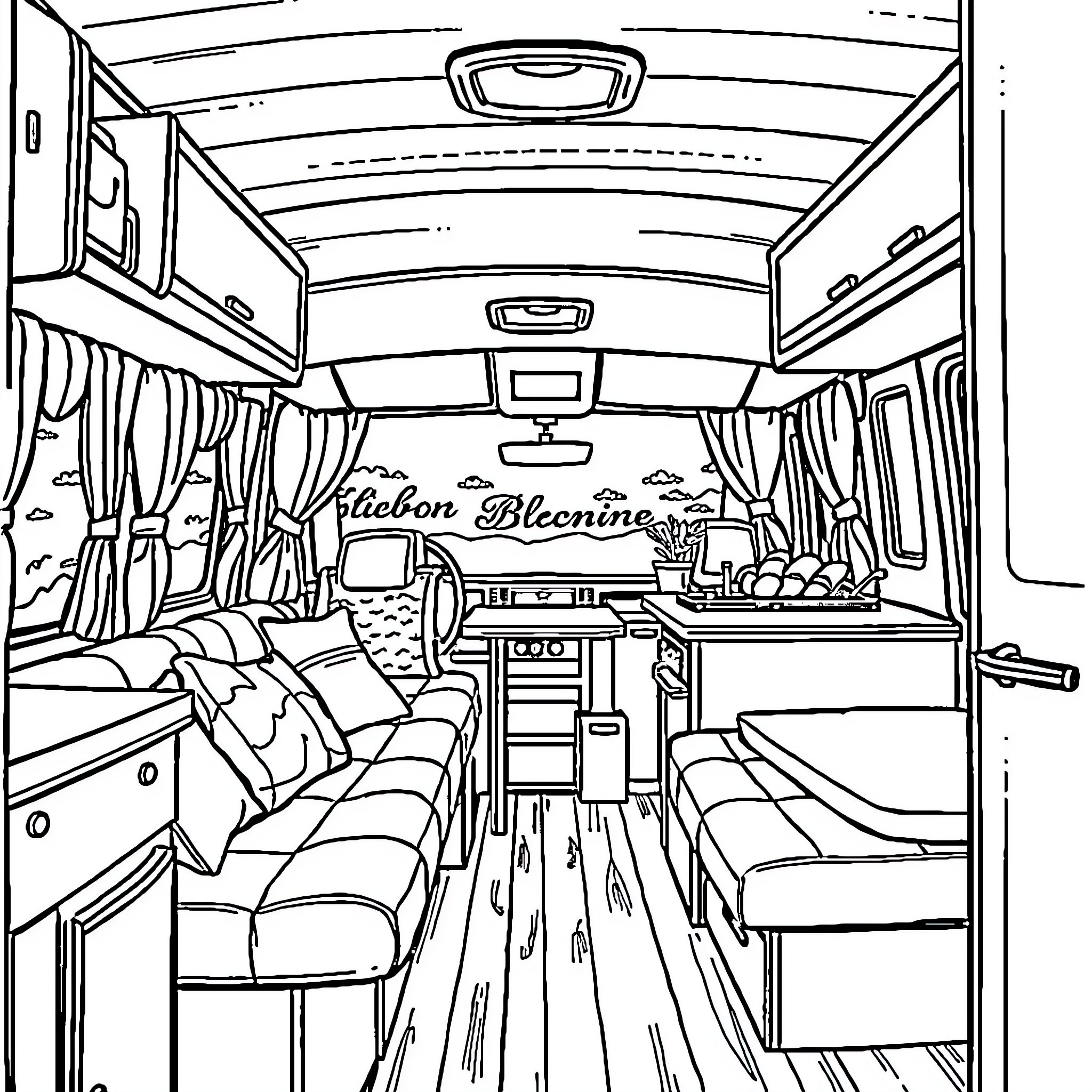 Motorhome interior with cozy furnishings and amenities Coloring Page (free black-and-white line drawing printable PDF for all, from beginners to advanced learners, including children, teens, adults, and seniors)