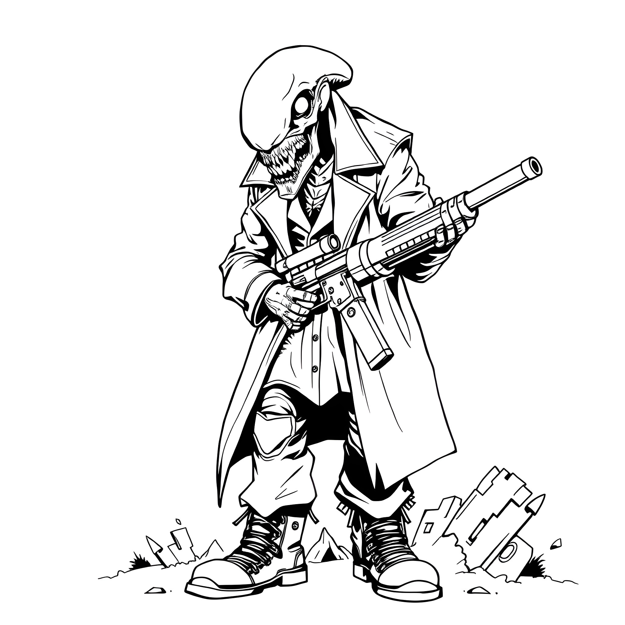 Zombie Soldier with Futuristic Gun and Coat Coloring Page (free black-and-white line drawing printable PDF for all, from beginners to advanced learners, including children, teens, adults, and seniors)