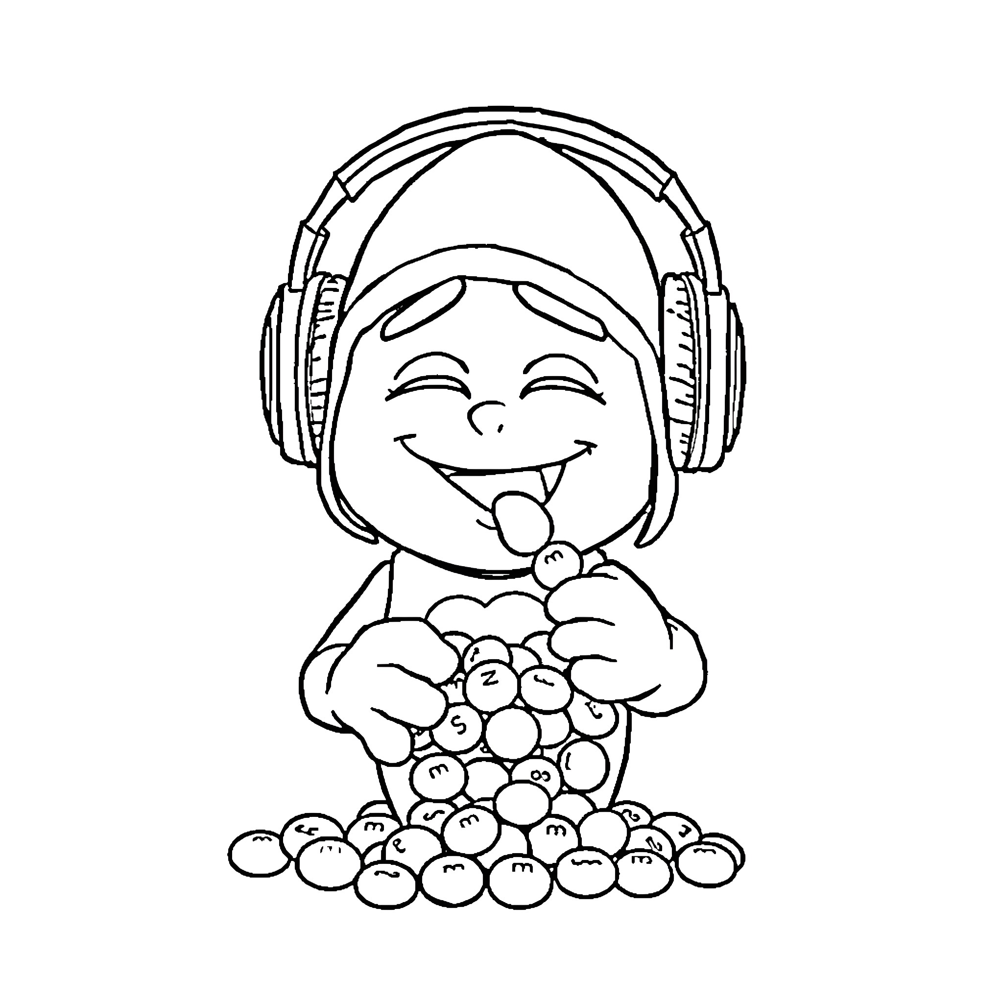 MNM Cartoon Character Listening to Music Happily Coloring Page (free black-and-white line drawing printable PDF for all, from beginners to advanced learners, including children, teens, adults, and seniors)